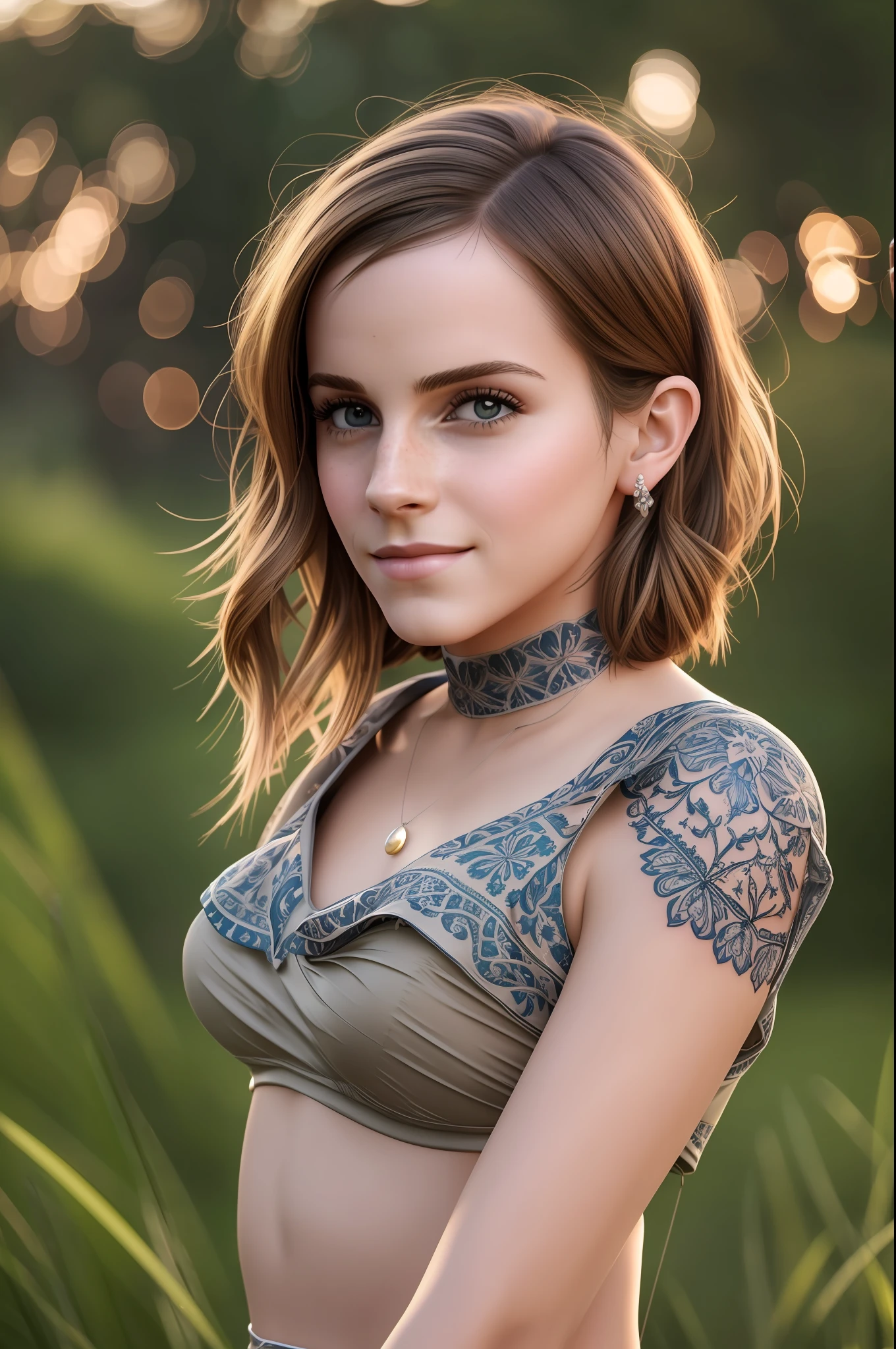 Emma Watson. Our pretty tall woman is standing at the tent camp on a green meadow. Behind her is a tent and on the left a campfire. Her small round butt is clearly visible under the wide skirt, while the round breasts peek out from under the short tank top. A tattoo pulls up the neck over the left shoulder. The summer day and the campfire make them sweat, even if dusk is already setting in. She smiles seductively into the camera. Her eyes sparkle with anticipation. (Masterpiece:1.2) (photorealistic:1.2) (Bokeh) (best quality) (intricate details) (8K) (High Poly) (Raytracing) (Cinema Lighting) (Sharp Focus) (Detailed Face) (Detailed Pupils)