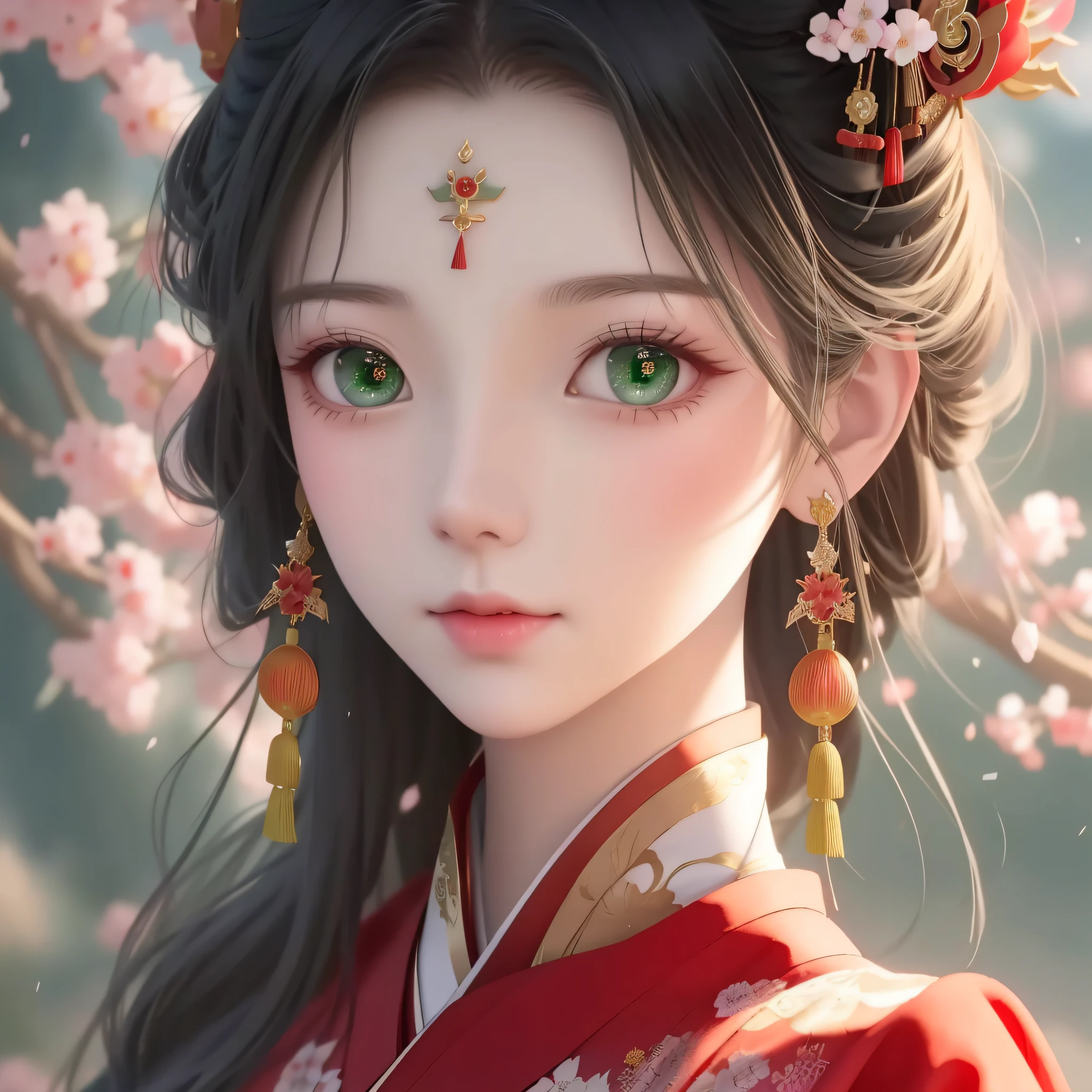 a close up of a woman with green eyes wearing a red kimono, palace , a girl in hanfu, guweiz, artwork in the style of guweiz, chinese style, beautiful anime portrait, stunning anime face portrait, high quality portrait, chinese princess, chinese girl, beautiful character painting, hanfu, beautiful digital artwork, a beautiful fantasy empress