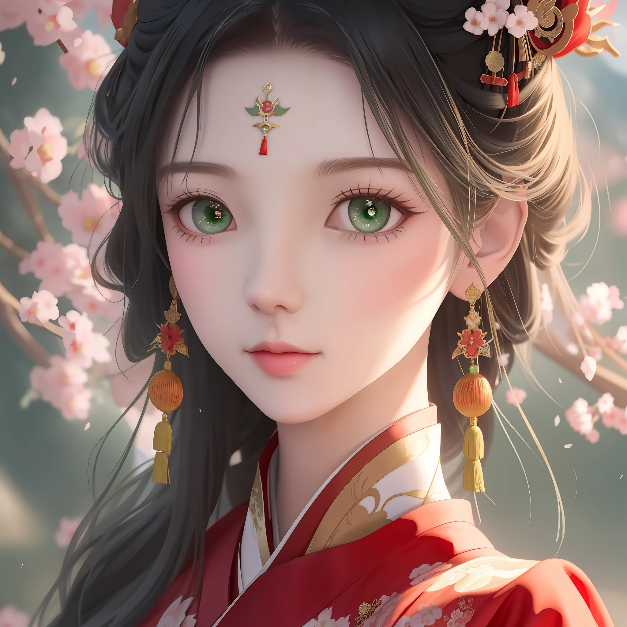 a close up of a woman with green eyes wearing a red kimono, palace , a girl in hanfu, guweiz, artwork in the style of guweiz, chinese style, beautiful anime portrait, stunning anime face portrait, high quality portrait, chinese princess, chinese girl, beautiful character painting, hanfu, beautiful digital artwork, a beautiful fantasy empress