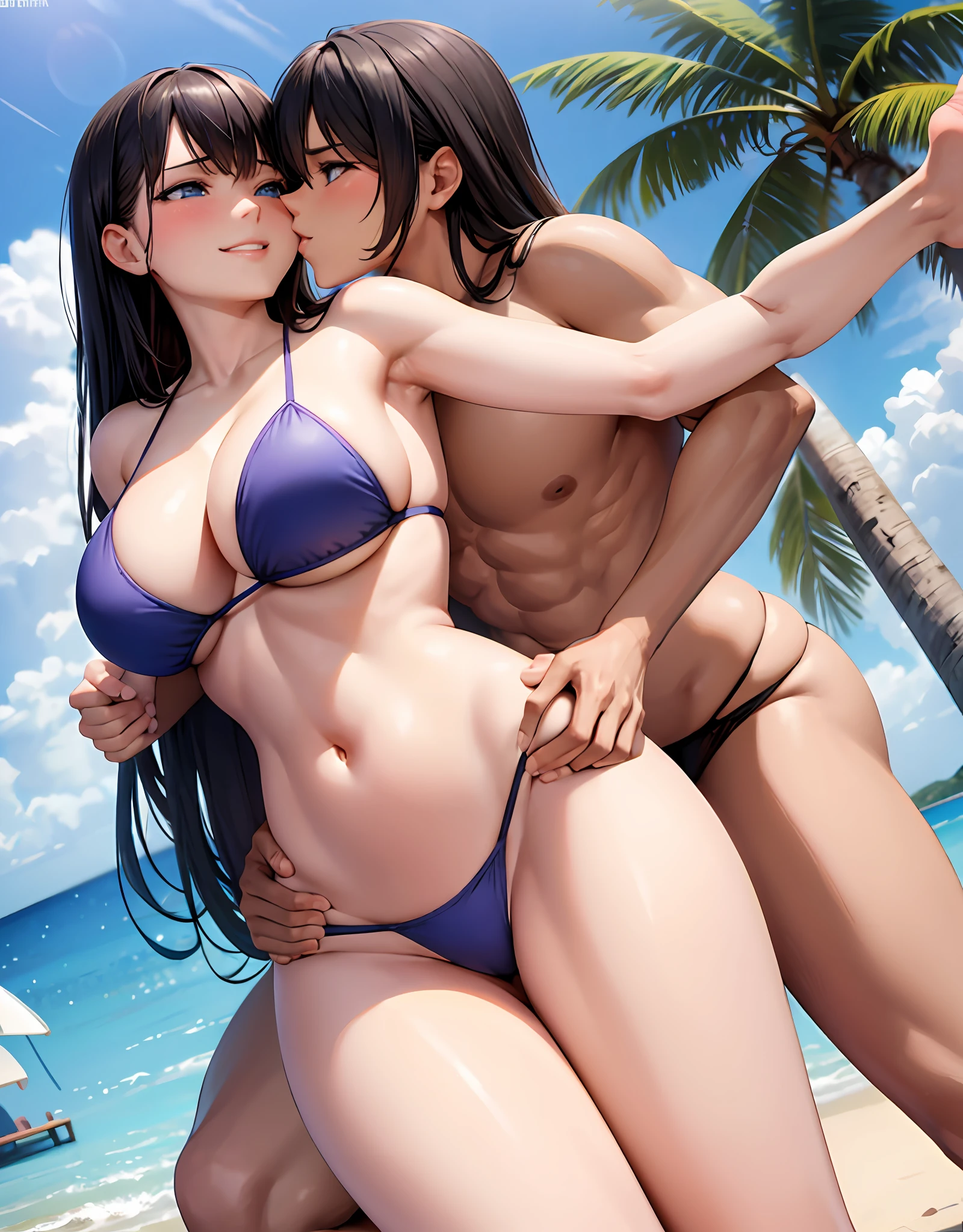 bottom view between the legs, leg up, dark hair, cute, big breasts, nice bikini, lavender bikini, perfect face, blue eyes, raised leg, domineering look, view between the legs, belly, sexy girl, smile, teasing look, aroused, blush, sexy look, two people focus, lovers, grabbing each other, touching each other, kiss, ass grab, grabbing ass, ass spread, pubic hair, lewd look, hot, touching