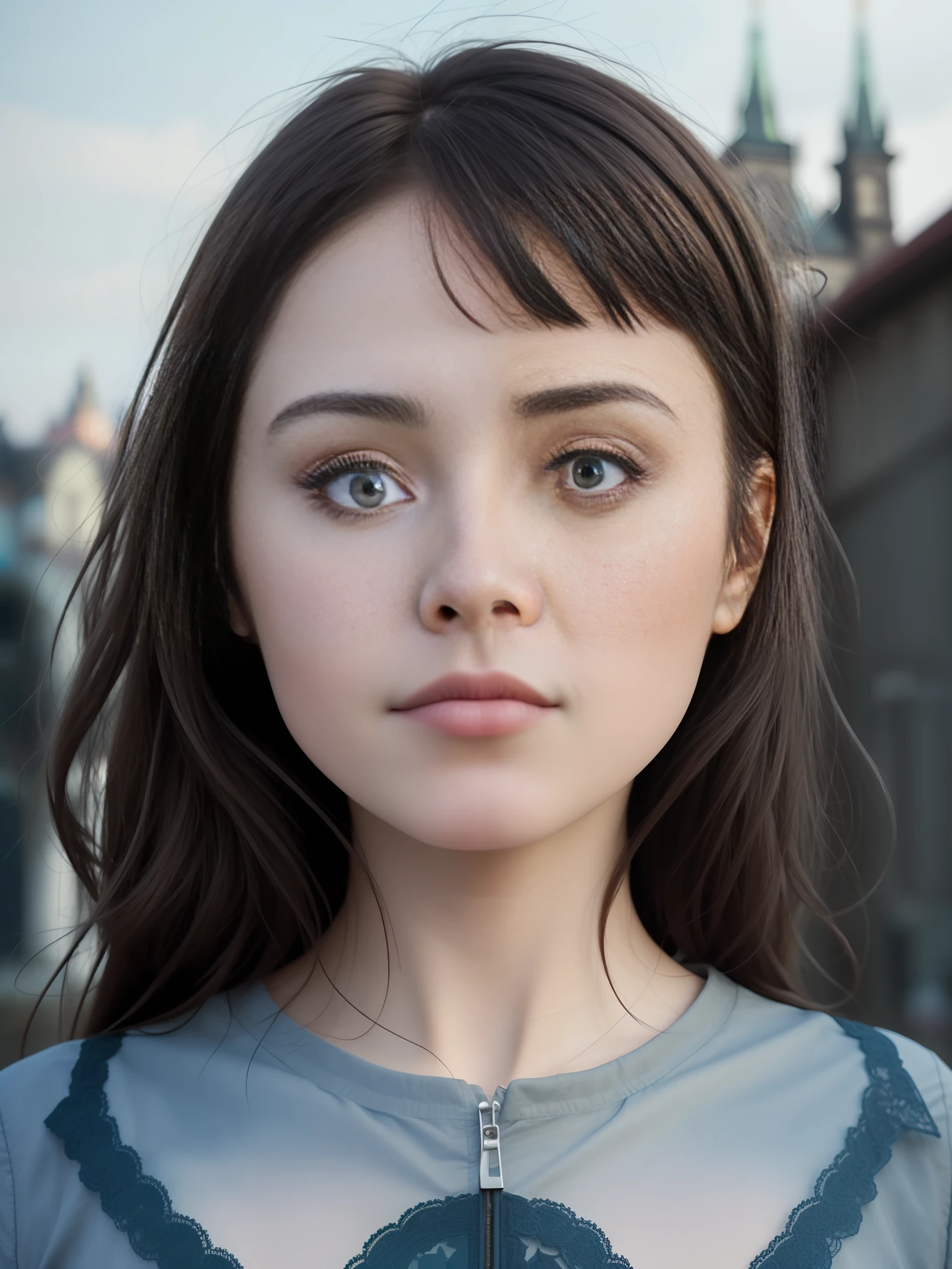 A close-up portrait of a brunette with Prague in the background, slate atmosphere, cinematic, dull colors, dark shots, pastel colors, film graininess, lut, crazy detail, intricate detail, [[[freckles]]]