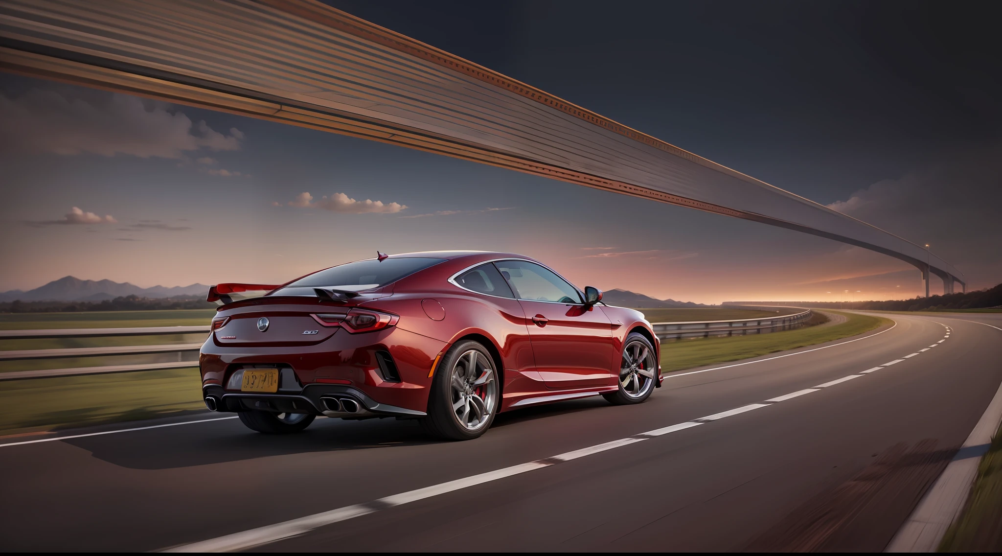 Red new car, driving on the highway, side view, panorama, HD, high quality
