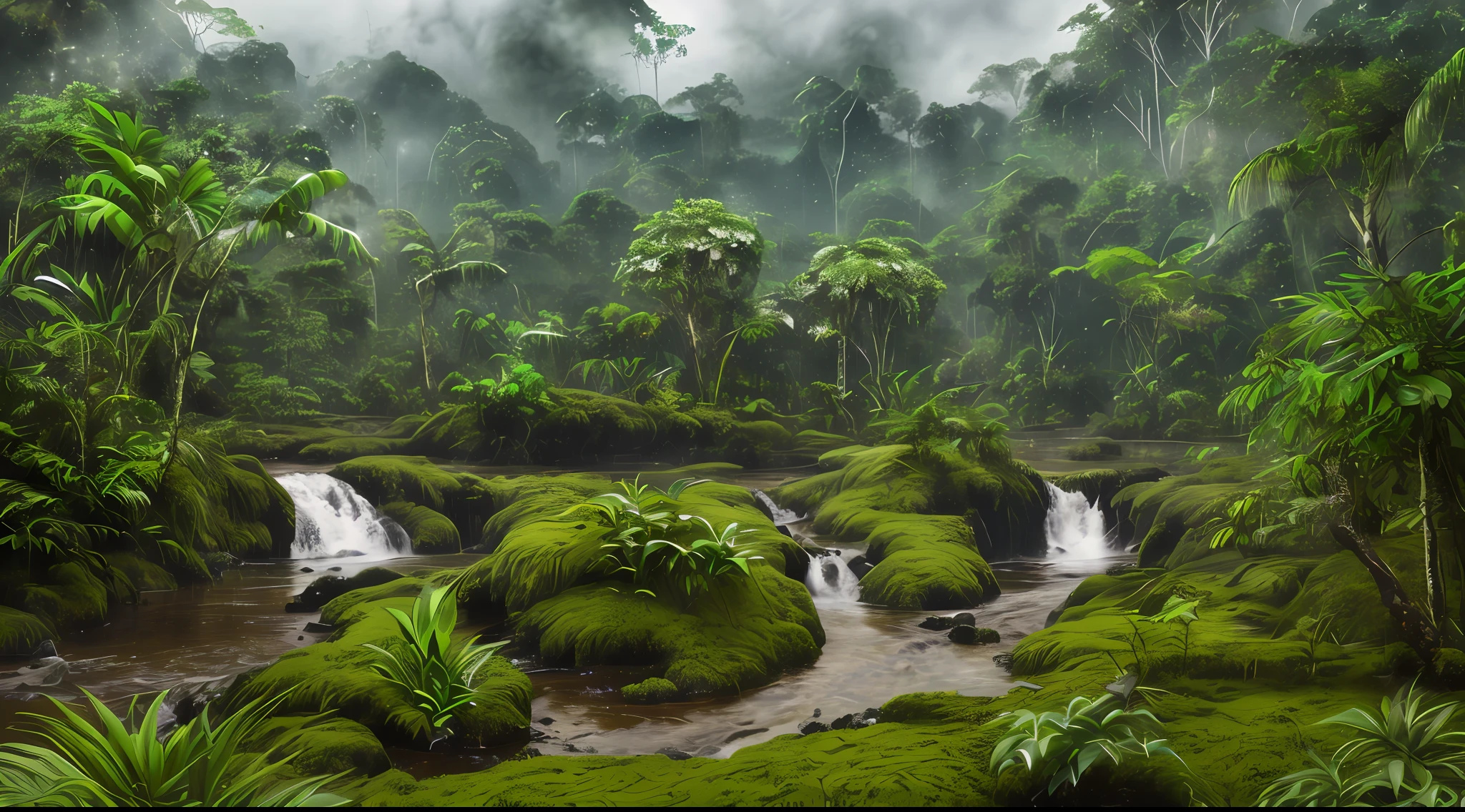((highres, best quality, 16k, masterpiece, realistic, super detail)), (a landscape of the Amazon forest), raining, 35mm, f/16, (((beautiful)))