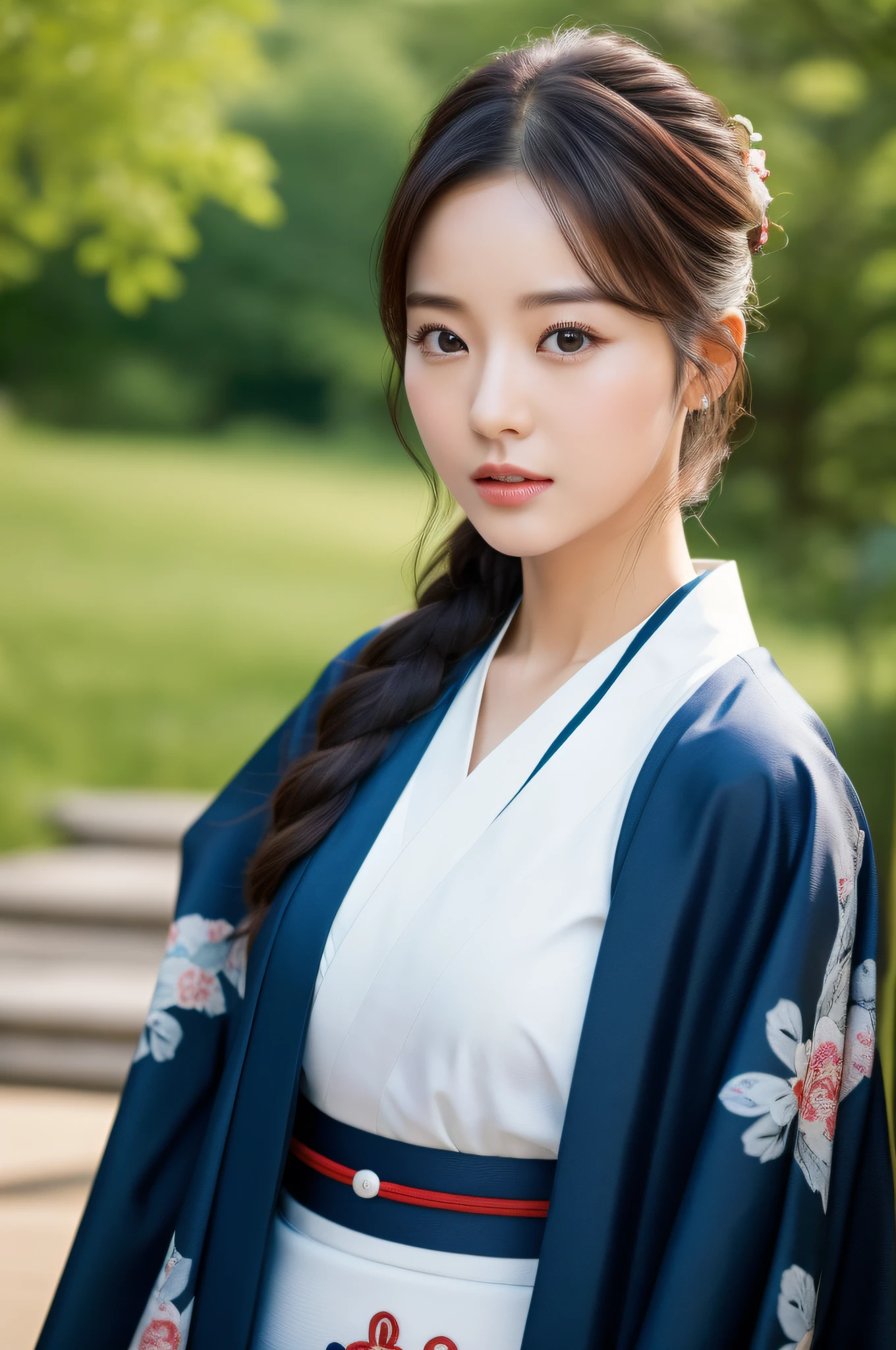 ((Top Quality, 8K, Masterpiece: 1.3)), Sharp Focus: 1.2, (Super Beautiful Face: 1.0), (Glossy Skin: 1.0), Realistic Photos, Black Hair, Realistic Pupils, Movie Lighting, Highly Detailed Eyes and Face, Movie Lighting, (Cowboy Shot: 1.0), (kimono, hakama, obi: 1.15), (Korean Cute Actress), in nature, classic kimono,