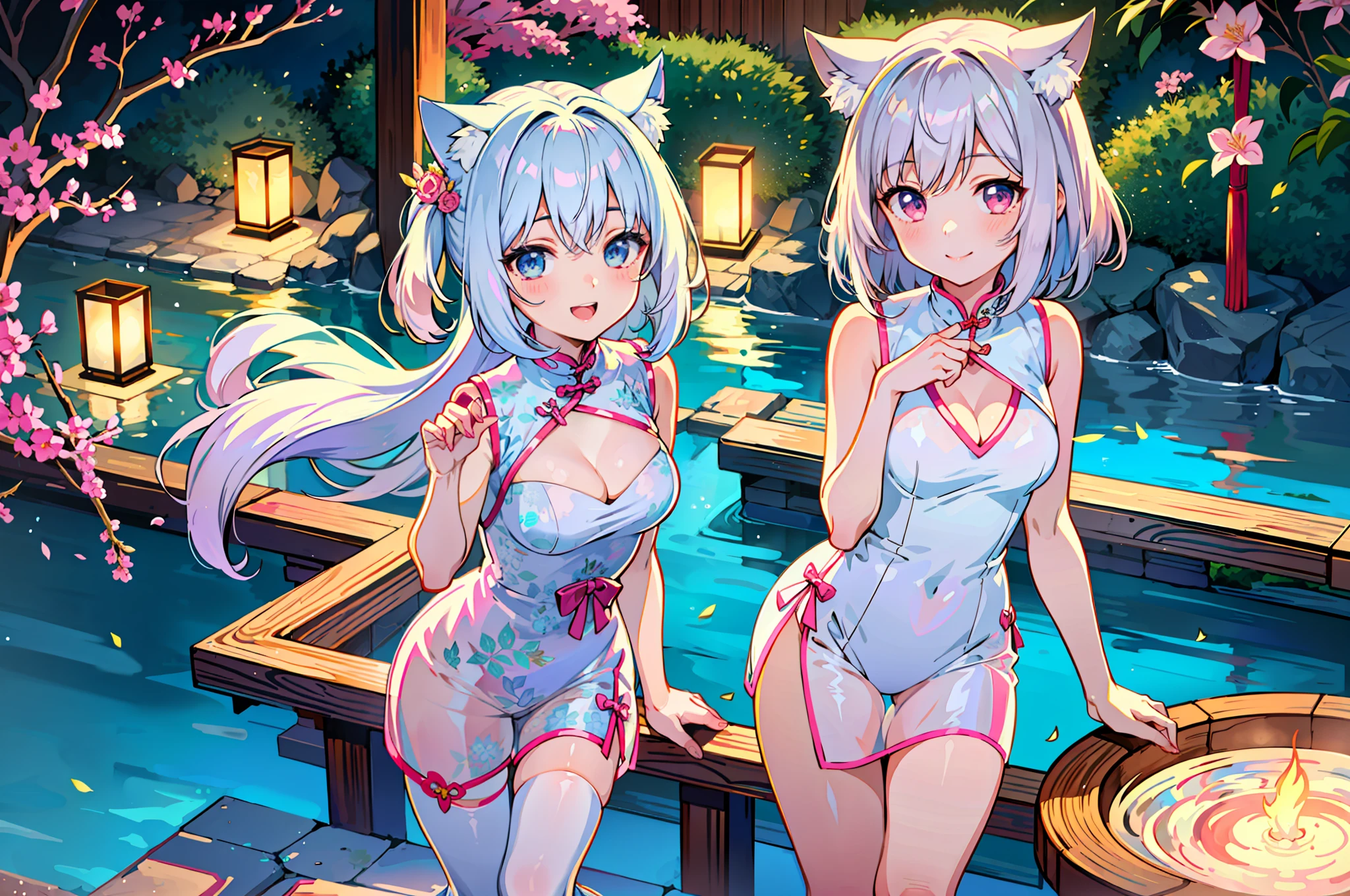 Masterpiece, top quality anime illustration, super detailed, two girls, silver-haired beautiful girl, anime loli, cat ear loli, short cheongsam, sleeveless, pale color pink see-through cheongsam and light blue see-through cheongsam in pale color, smile, bare skin lateral breast, thigh focus, cleavage emphasis, hot spring