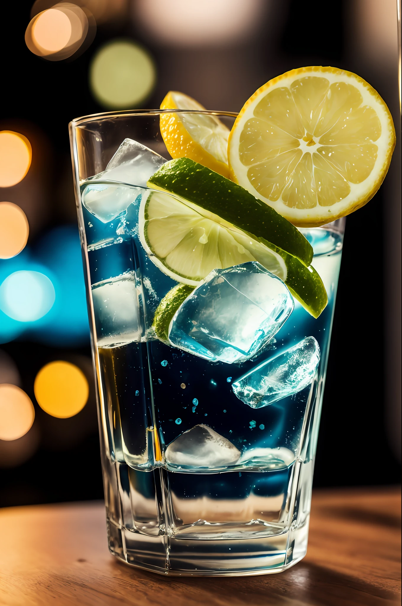 Close-up, HD photography, macro detail, a lemon and a few slices of cucumber, a bottle of Gordon's gin dropped into a cocktail glass filled with ice, blurred foreground, neon signs on the backdrop of urban streets