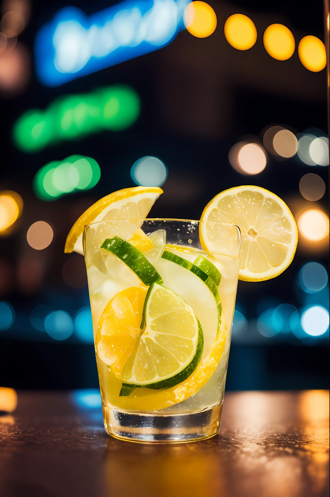Close-up, HD photography, macro detail, a lemon and a few slices of cucumber, a bottle of Gordon's gin dropped into a cocktail glass filled with ice, blurred foreground, neon signs on the backdrop of urban streets