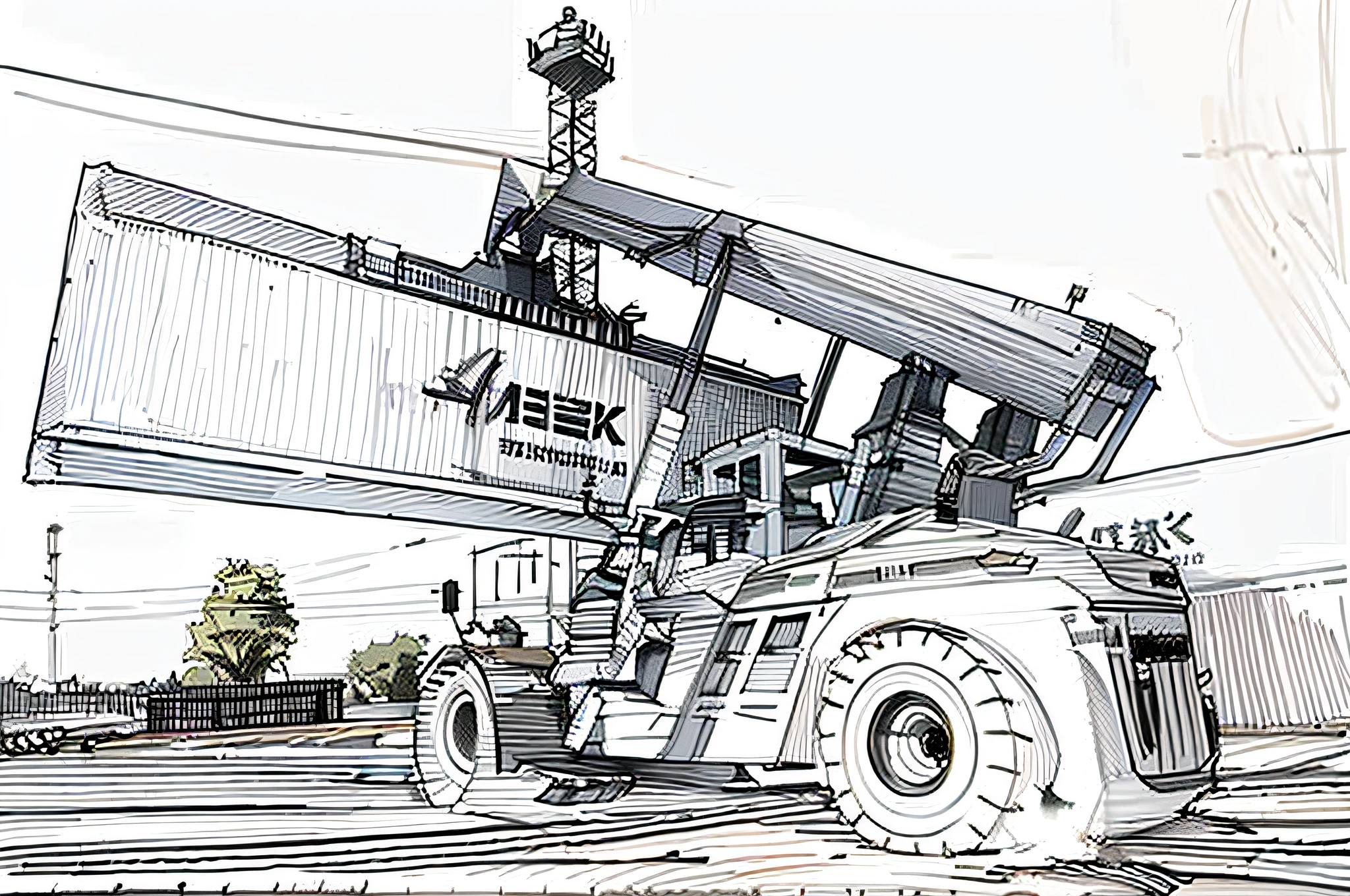 linear, gray, white background, simple background, sketch, sketch, pen_sketch_style, there is a forklift that lifts the container, the photo is taken in 2 0 2 0, loading in high quality, yard, the photo is taken from afar, it is a very large, industrial photo