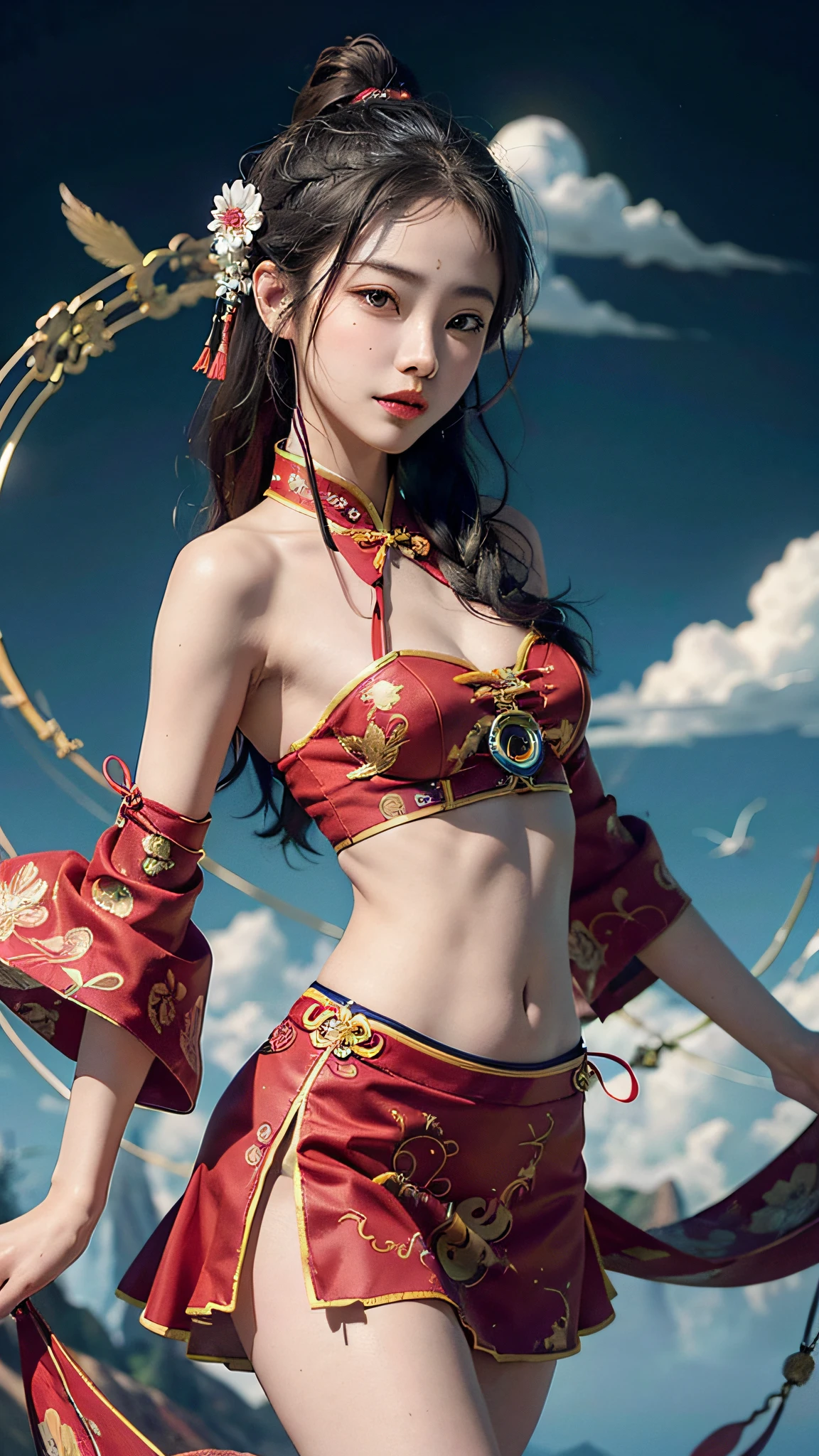 Official Art, Unified 8K Wallpapers, Ultra Detailed, Beautiful and Aesthetic, Masterpiece, Best Quality, (Zentangle, Tangle, Entangle), (fractal art: 1.4), 1girl, black hair, Chinese, bare shoulders, short skirt, calf, navel, very detailed, dynamic angle, cowboyshot, (most beautiful form chaos), flowing, (bright colors), oc, (half: 1.2), china, (thangka flying sky: 1.5), (ribbon: 1.3), (dream: 1.5), (hanfu: 1.5), Chinese dragon, Chinese phoenix, (smile: 0.5), (Chinese deity),