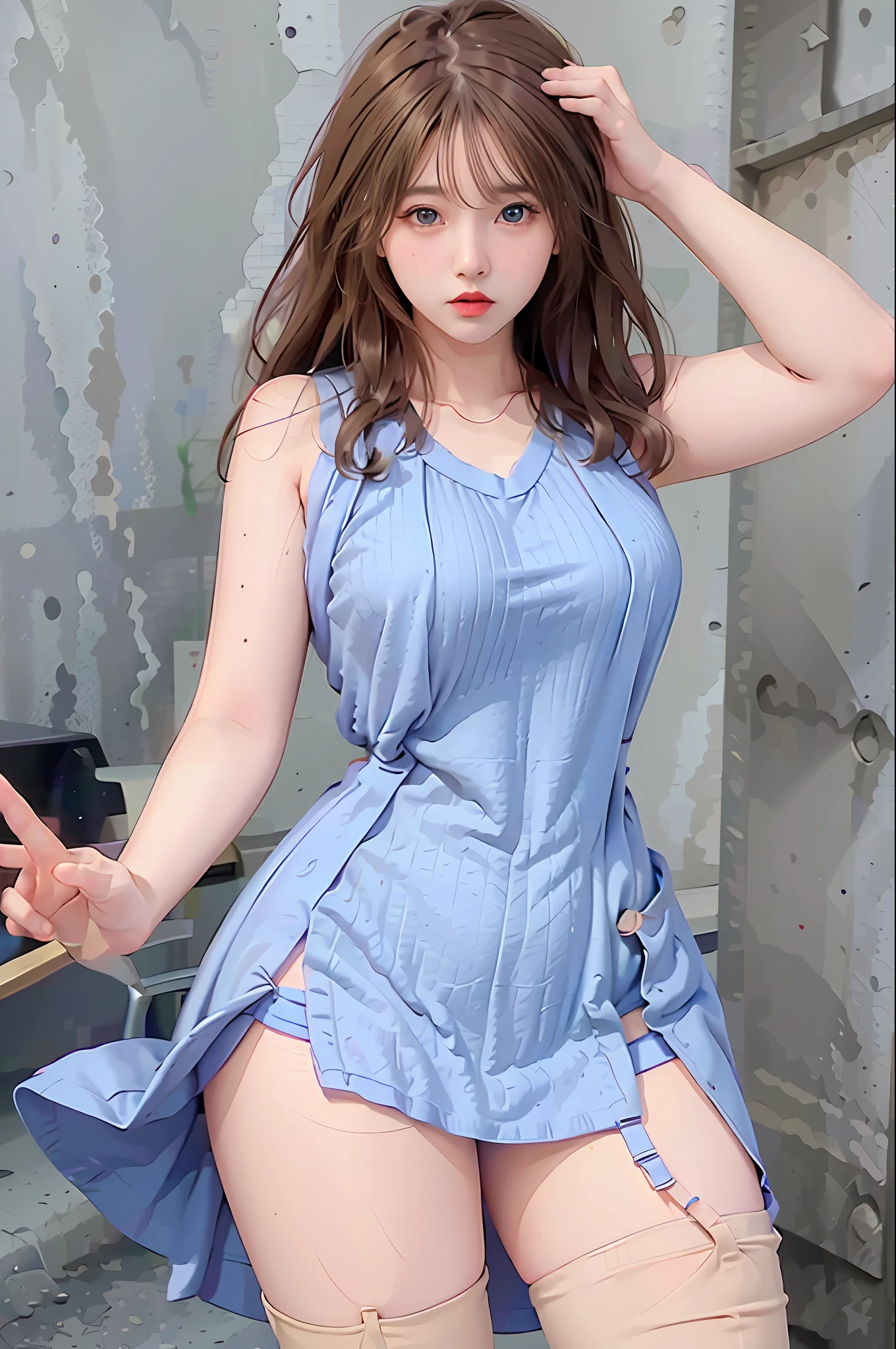 realistic, high resolution, 1 girl, , korean, blue eyes, suspenders, tank top, belly pocket, short skirt, shorts, stockings, fishnet socks, thick thighs