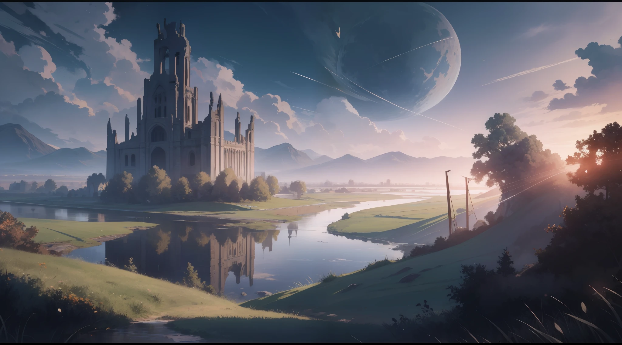 "A breathtaking (masterpiece) depicting a stunning (landscape) of a (river) with a magnificent view of (ruins) and a vast expanse of (grass), all set against the backdrop of a (war) ravaged land shrouded in a (night)time veil. Its (best quality) and breathtaking art style will leave you spellbound!", UHD, super detail, high details, highres, best quality