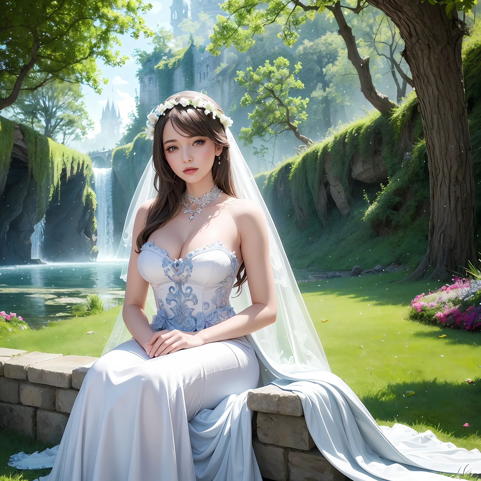 there is a woman in a white dress standing in front of a castle, like Alice in wonderland, fantasy fairytale story, beautiful render of a fairytale, beautiful fantasy maiden, fairytale artwork, beautiful fantasy art, romantic storybook fantasy, very beautiful fantasy art, realistic fantasy illustration, fantasy matte painting，cute, fantasy art behance, breathtaking fantasy art, fantasy beautiful, fantasy digital art, fantasy style art