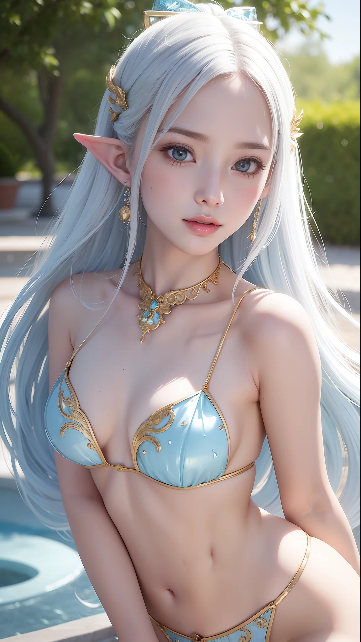 Anime half-elf girl standing near fantastic fountain, very cute, intense close-up, portrait, portrait, half-closed eyes, soft lips smile, golden hair, wet crystal clear lovely eyes, beautiful, light bikini style showing bright aquamarine and white chest abdomen, very detailed illustration holding intricately carved silver bow, Hieratic visionary style, Shilin huang, light white, multi-layered, bright pastel atmosphere, energetic brushwork, clamps, solarization master