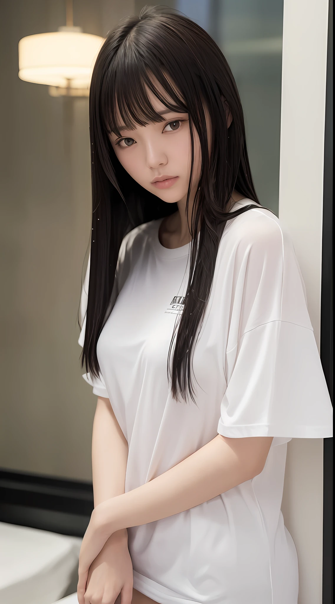 ((Best Quality, 8k, Masterpiece: 1.3)), 1 beautiful woman, front, from waist up, detailed eyes, big eyes, black eyes, fair skin, slender, black hair color, short hair, wet hair, wet skin, background is a hotel room with night view, rain outside the window, water droplets on the window, swollen eyes, sexy, clothes are pure white T-shirt, night, straight hair, bangs, Japanese, Asian beautiful woman, beautiful skin, slender, black hair, short hair, wet hair, skin is wet, background is a hotel room with night view, rain is falling outside the window, window is Water droplets on the window, swollen eyes, sad expression, sexy, wearing bright white T-shirt, night, straight hair, bangs, Japanese, beautiful Asian woman,