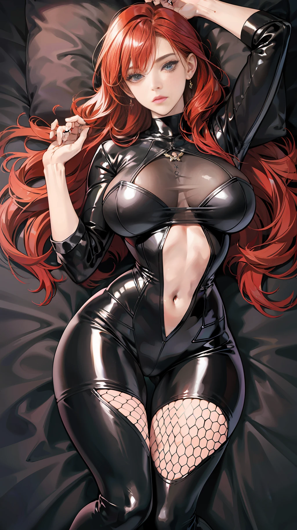 Redhead babe, black mask, full-body lens, 8K resolution, strong figure, {{Huge_breast}}, straight chest, slender waist, tall, long legs, thin and transparent tights, {{latex}}, {{glossy}}, {slim}, fair skin, {black_stockings}, highest detail, light curly hair, long bangs, openwork, side space, various tattoos all over the body, lying on the bed, top view --auto --s2