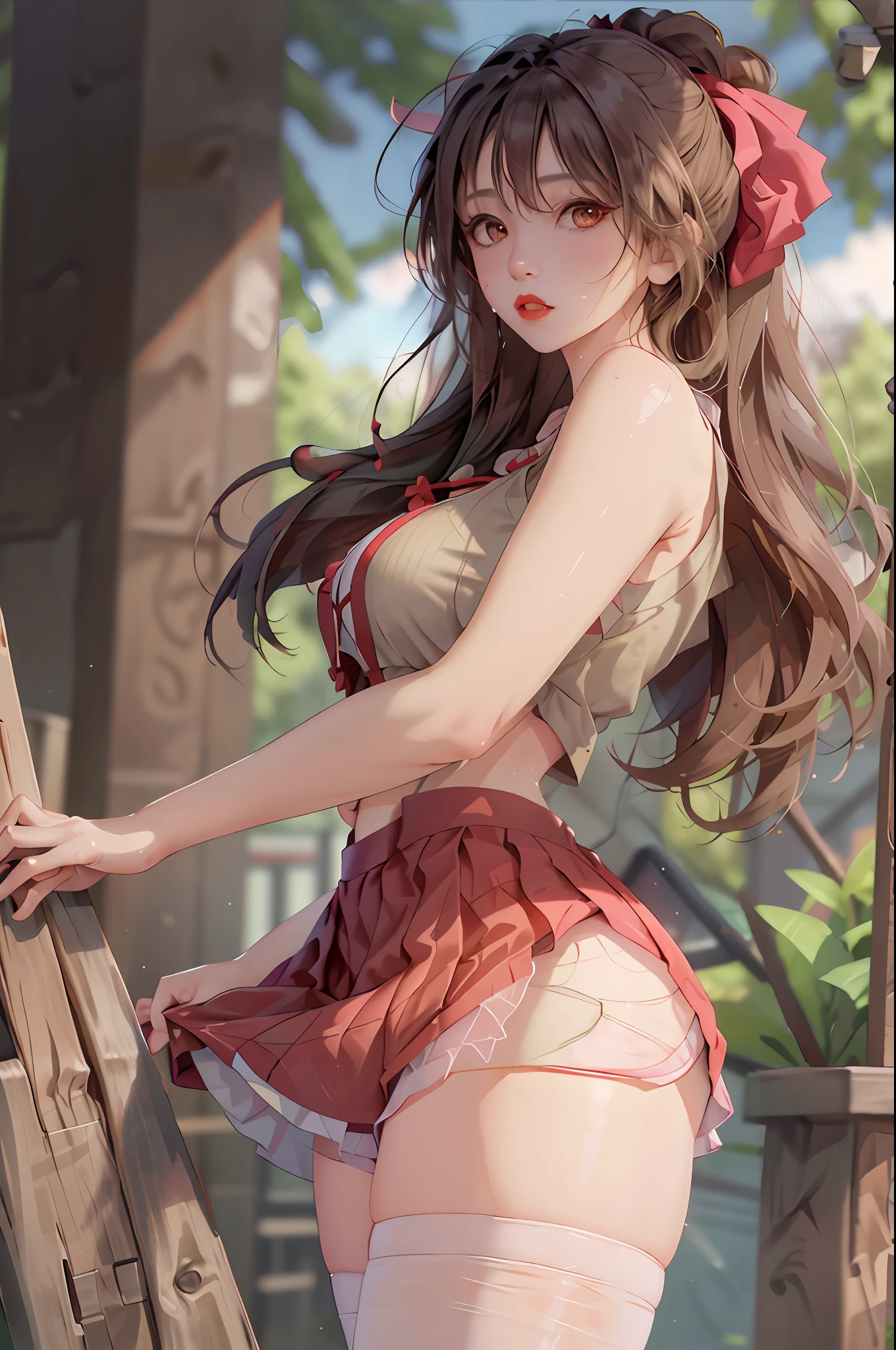 Masterpiece: 1.2, Best Quality), Realism, (Real Pictures, Rich Detail Detail, Depth of Field), (1 Girl, Solo), Makeup, Cleft Lip, High Detail, Perfect Face Shape, (: 1.4), (Skin Dents), Thick Thighs, Broad Buttocks, Thin Waist, High, Coral, Red Lips, Red Eyes, Ponytail (Girls, Shallow Tulle, Tulle Transparent), (Sweat: 1.2), (Wet), Sexy, Blush, (Shy Expression), Suspenders, Tank Tops, Short Skirts, Shorts, Yoga Pants, Tight Short Skirts, Tight Shorts, stockings, fishnet socks, pajamas,