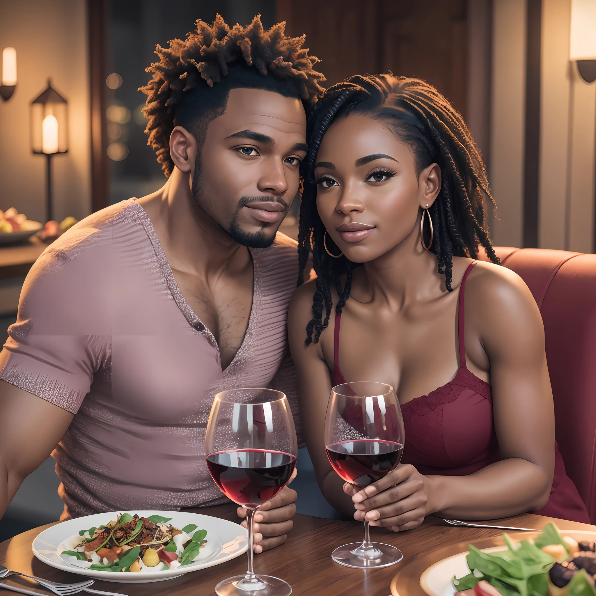 Portrait of a beautiful interracial couple having a romantic dinner, wine, food, romantic, inviting, cozy, 8k uhd, octane rendering, 4k, HDR, dynamic lighting --auto --s2