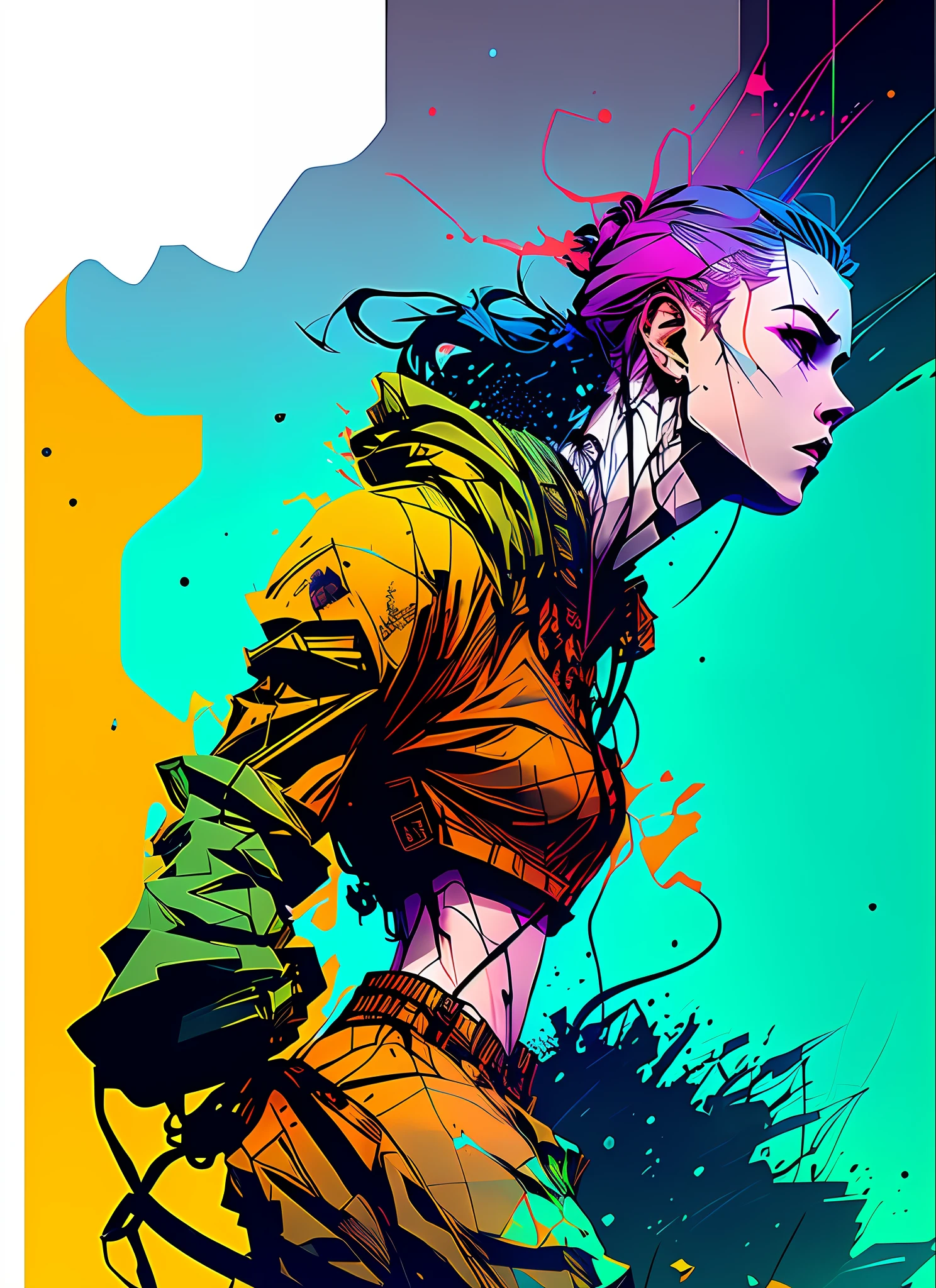 nvinkpunk, award winning half body portrait of sks in a croptop and cargo pants with ombre navy blue teal hairstyle with head in motion and hair flying, paint splashes, splatter, outrun, vaporware, cell shaded, (octane render:1), trending on artstation, highly detailed, fine detail, intricate