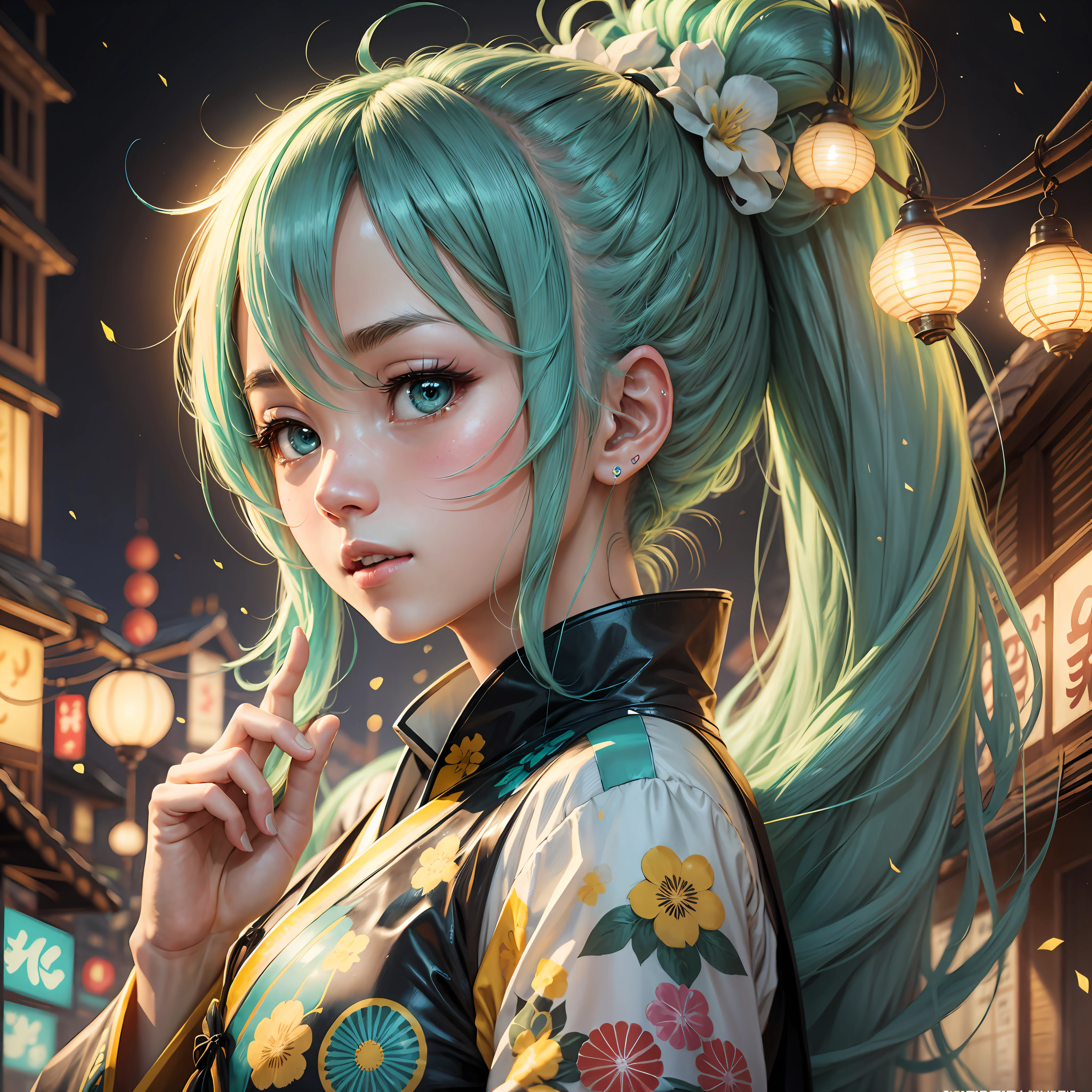 hatsune Miku, wearing Japanese festival clothes, hair in one ponytail, calm, sparkling eyes, the background is in the inner village, with sparkling yellow lights, five finger,HD, ultra HD --auto --s2