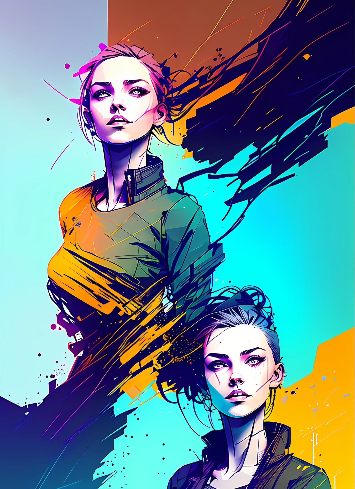 nvinkpunk, award winning half body portrait of sks in a croptop and cargo pants with ombre navy blue teal hairstyle with head in motion and hair flying, paint splashes, splatter, outrun, vaporware, cell shaded, (octane render:1), trending on artstation, highly detailed, fine detail, intricate