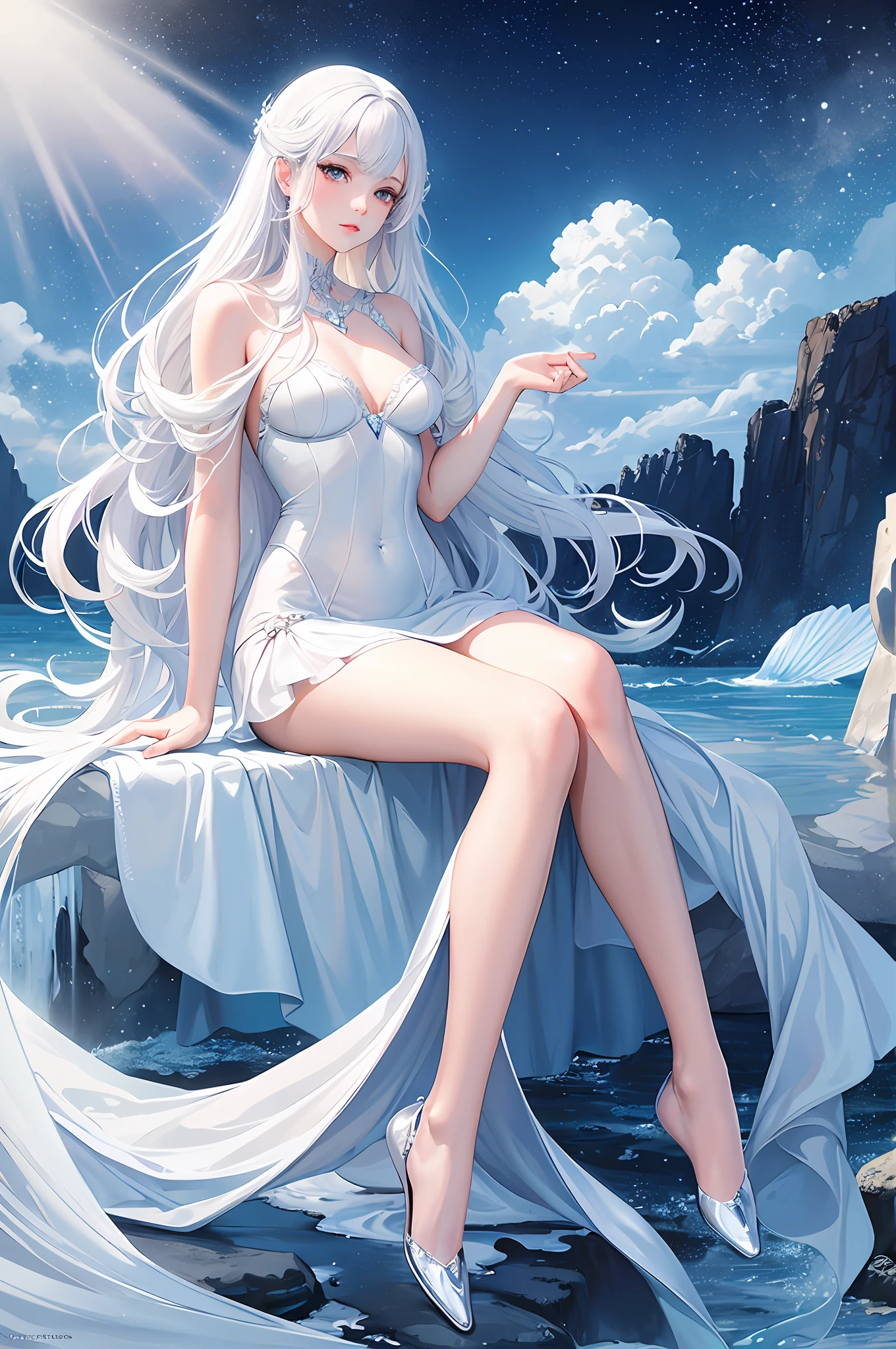 (Masterpiece, Top Quality, Top Quality, Official Art, Beauty and Aesthetics: 1.2), (Full Body, Medium) Mermaid, Dreamy, Ethereal, Romantic, White Hair, Silver Hair, Vivid and Beautiful Lighting --v 6