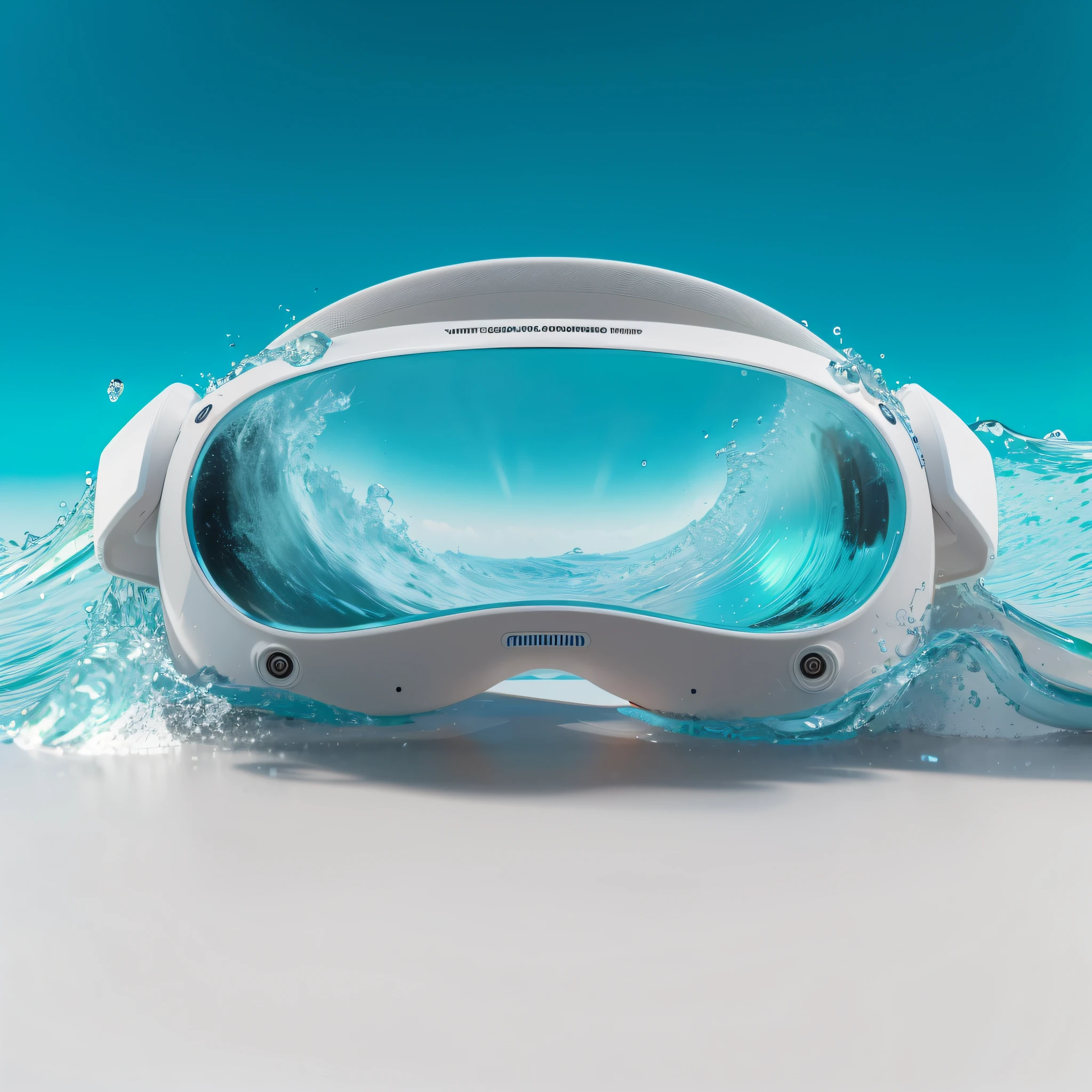 There is a pair of goggles in the water, floating headphones with splashes of water, splashes, water droplets, waves, ocean, waves, futuristic VR headsets, goggles, visor wearer's perspective, floating VR headset, 3D goggles, smooth OLED blue eye visor, discarded scuba visor, glass OLED visor head, glass visor, stylish cool waterproof design, futuristic AR glasses, VR goggles, diving mask, bottom angle --auto --s2