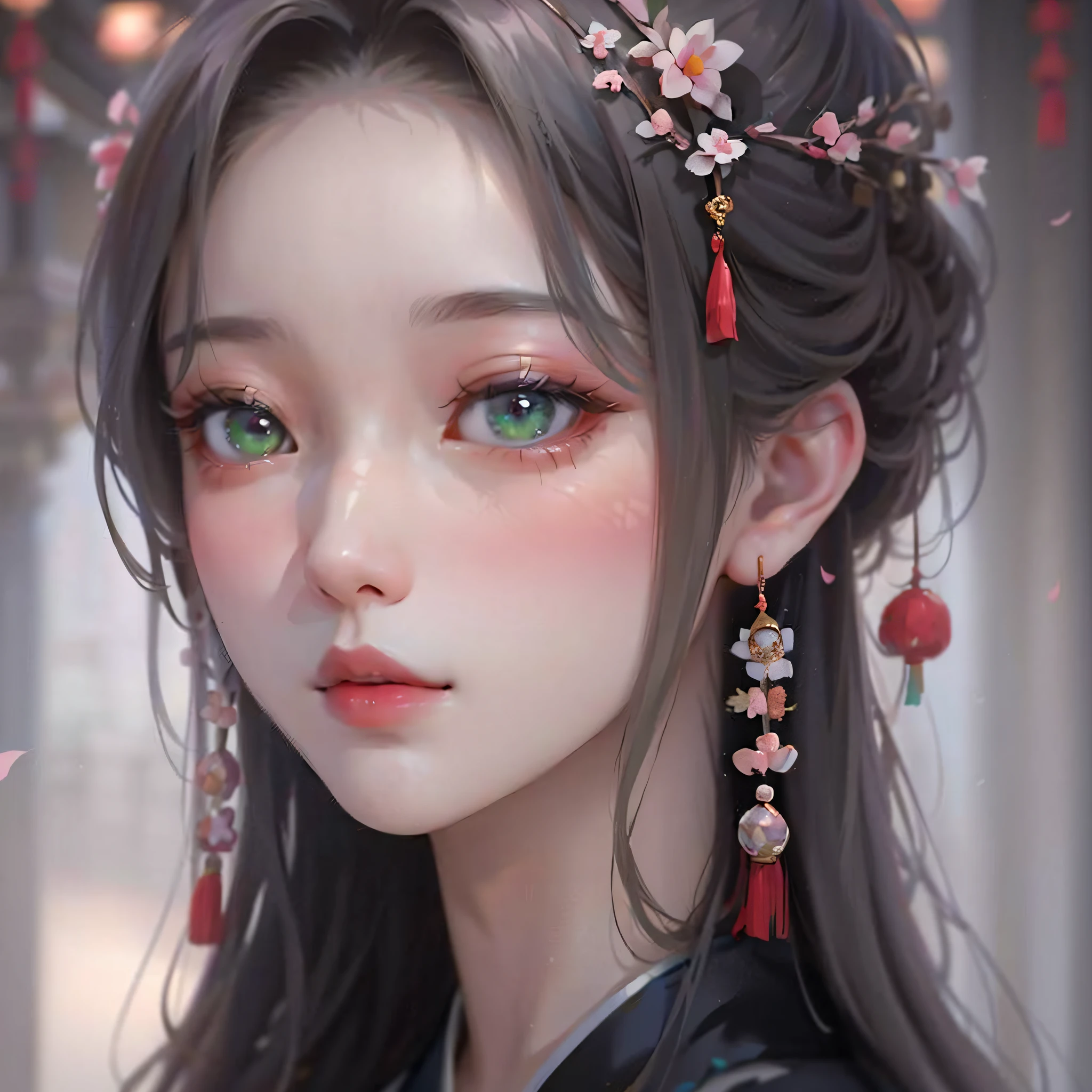 a close up of a woman with long hair wearing a flower crown, artwork in the style of guweiz, palace , a girl in hanfu, guweiz, high quality portrait, chinese style, 8k high quality detailed art, beautiful anime portrait, kawaii realistic portrait, trending on cgstation, 8k)), beautiful character painting, chinese girl, cute portrait