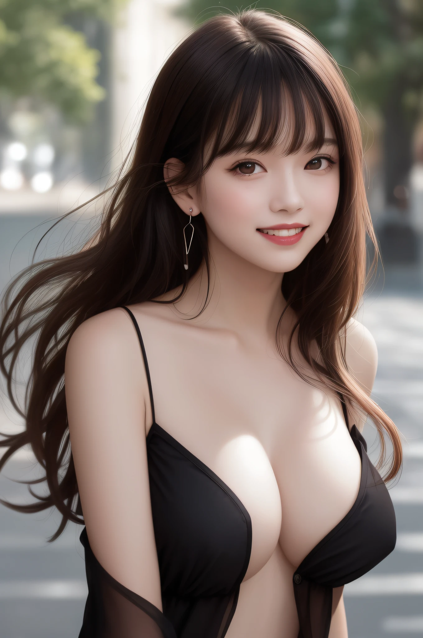 masterpiece, photo of a Young girl, solo, No Bra, NipplesStickers, absurdity, realistic(face, body, skin), (cute:1.475), cuties, (big breasts:1.275), detailed black eyes, innocent eyes, blusher, sheer fabric(loose black jacket:1.2), ((one side bare shoulder)), jewelry, earrings, ((messy bob hair:1.1)), white lace camisole, cherry colored lips, closeup, look at viewer, long hair, upper body, open lips, upper teeth, (smiling eyes:0.375), ((grinning:1.125)), depth of field, outdoors, cinema light, blurred background, eye focus, Bokeh, Professional Lighting, Portrait, Photon Mapping, Radiosity, Physically Based Rendering, soft light, film grain, (nsfw:0.9)