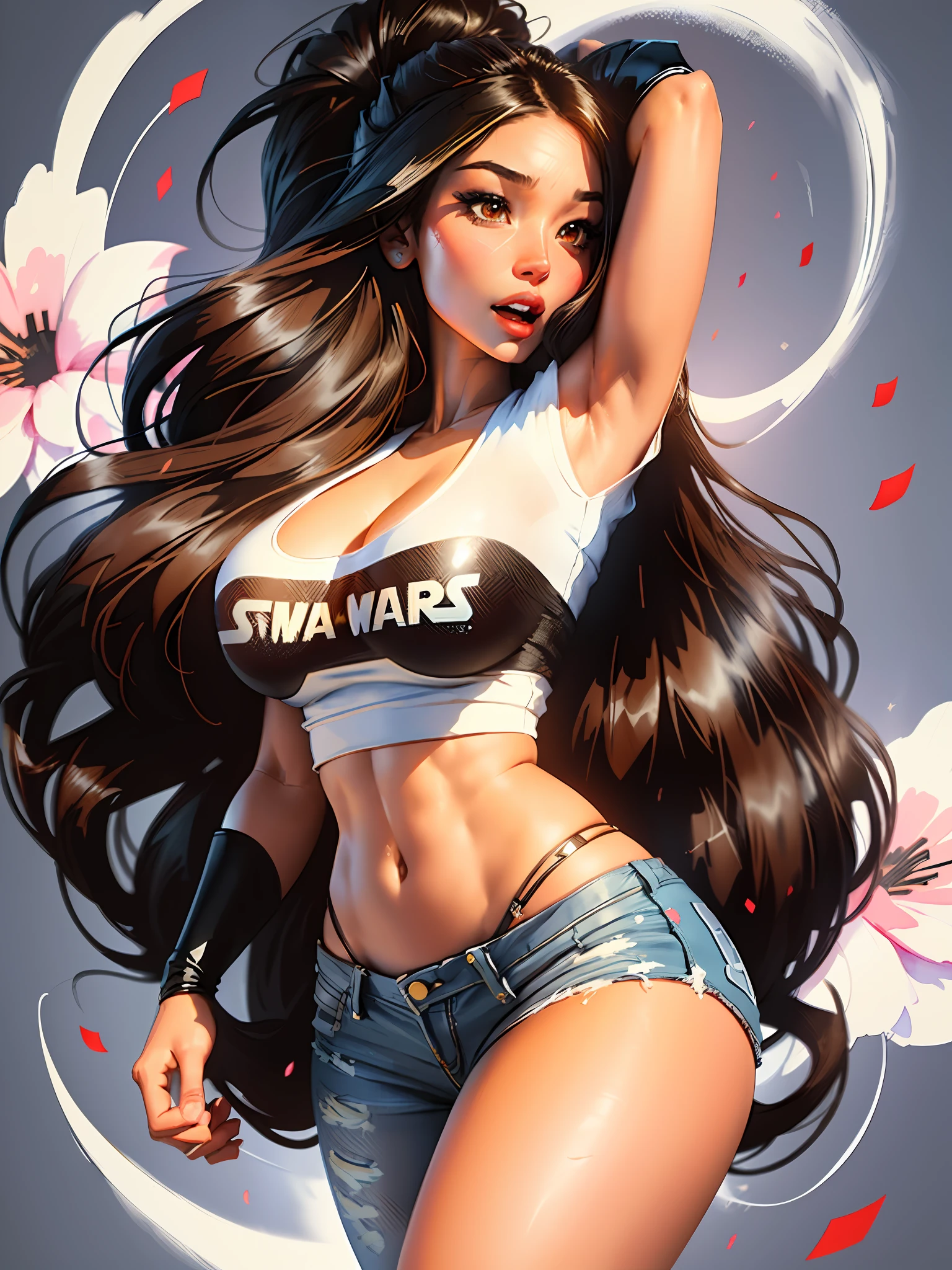 :: background, mixed-language_text, Japanese letters in graffit, Kelly Brook beautiful woman, long black hair, excellent lighting, sidelighting, perfect ultimate (flat color: 1.3), (magazine_cover: 1.4), (multicolored_background: 1.3), striped_background, card_background:: beautiful, perfect and detailed, ultra detailed, clothes with star wars designs, and colors of light pink, black, white and gray, with open mouth,  immersive effects, hover effect, graphite style background with vibrant colors "ultra hdr" detailed and with focus effect,with sneakers all star converse black (masterpiece: 1.2, best quality), (beautiful eyes finely detailed: 1.2),extremely detailed, depth of field,shot with Canon EOS,lens 135mm f1.8,portrait of [x]((1Girl Kelly Brook Beautiful Woman )),long hair, straight and black , with a natural glow and stuck like a ponytail ((Solo)), (Red eyes:1.4), (Finely detailed eyes and detailed face:1.3),), (With ULTRA DETAILED jeans and a white t-shirt with ultra detailed tatoom print throughout:1.3), (Beautiful and clear background:1.2), (CG extremely detailed, Ultra-detailed, Best Shadow:1.1),("" character demonstrating his super power in the fist"")((Depth of field and blur)),  ((Watercolor)), Large breasts, Bare shoulders, Flowers and petals, Beautiful conceptual illustration, (white background:0.5), (Illustration:1.1), (extremely thin and beautiful: 1.1), (perfect details: 1.1) graffiti style background, freedom, soul, digital illustration, perfect anatomy, centered,