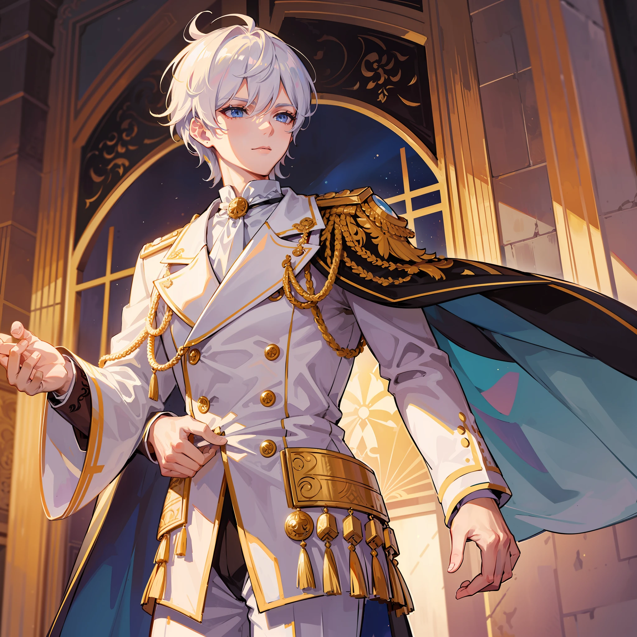 A man dressed in opulent attire stands tall, exuding an air of authority and power. He dons a regal imperial uniform adorned with intricate golden embroidery, representing his status as a general in the Western Empire. The uniform features a high-collared jacket with golden epaulets and brass buttons, perfectly tailored to his form.
His hair, short and styled in a modern fashion, is strikingly white. The pure white color adds a touch of wisdom and maturity to his appearance, contrasting sharply against his uniform. Despite its short length, his hair is meticulously groomed, with every strand in its place.
His face bears the marks of experience and wisdom. Deep lines etch his forehead and the corners of his piercing blue eyes, reflecting the weight of his responsibilities. His gaze holds a mixture of firmness and empathy, hinting at the complexities of leadership.
The Western Empire he represents is known for its grandeur and refinement. The empire spans vast territories, incorporating diverse cultures and civilizations. Its architecture showcases magnificent palaces, adorned with ornate columns, majestic arches, and elaborate frescoes. The empire's flag, emblazoned with a regal crest and vibrant colors, symbolizes its strength and dominance.
As the general moves through the crowd, his presence commands respect and admiration. People bow their heads and step aside, recognizing his authority and the prestige he carries as a leader of the Western Empire. The aura of the empire envelops him, radiating a sense of sophistication, elegance, and the weight of centuries-old tradition.
