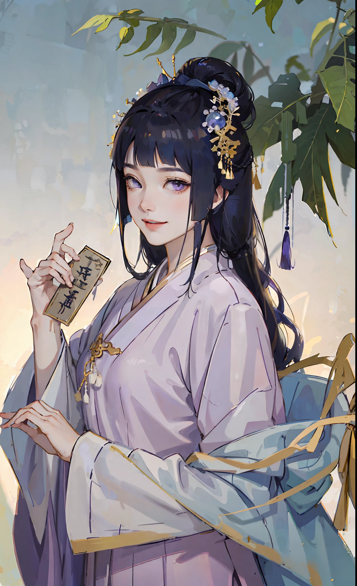 A girl, ancient Chinese costume, whole body, sunshine, clear face, clean white background, masterpiece, super detail, epic composition, ultra HD, high quality, extremely detailed, official art, uniform 8k wallpaper, super detail, 32k, ((blunt bangs)), extremely detailed character, detailed lips,  ((dark blue hair)),  hinata/(boruto/),  smile,  ((long hair)), big purple eyes