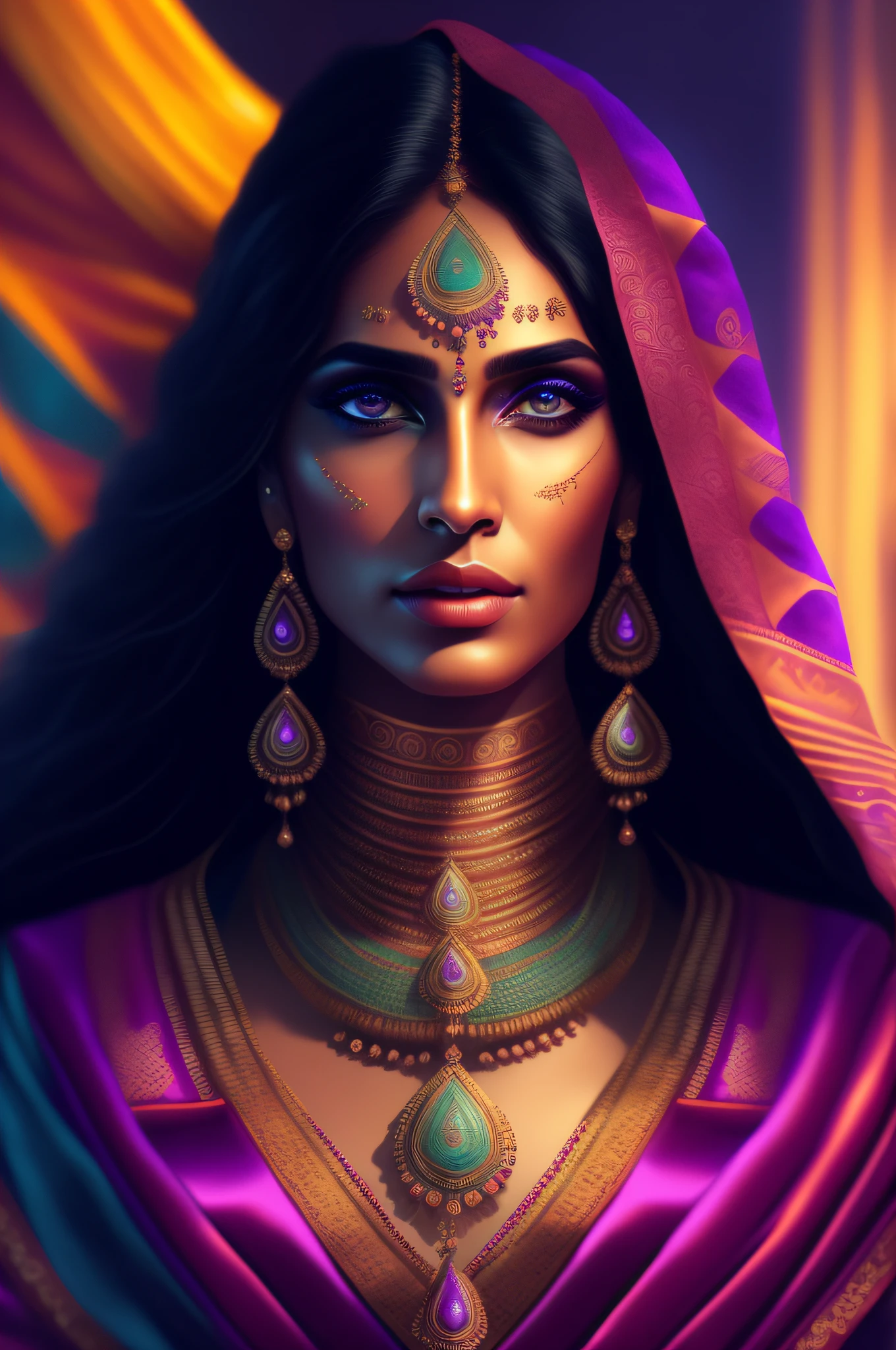 a close up of a woman wearing a purple sari and jewelry, stunning digital illustration, goddess. extremely high detail, 8k stunning artwork, a stunning portrait of a goddess, 4k highly detailed digital art, portrait of a beautiful goddess, goddess close-up portrait, 8k high quality detailed art, beautiful art uhd 4 k, jen bartel, beautiful digital artwork