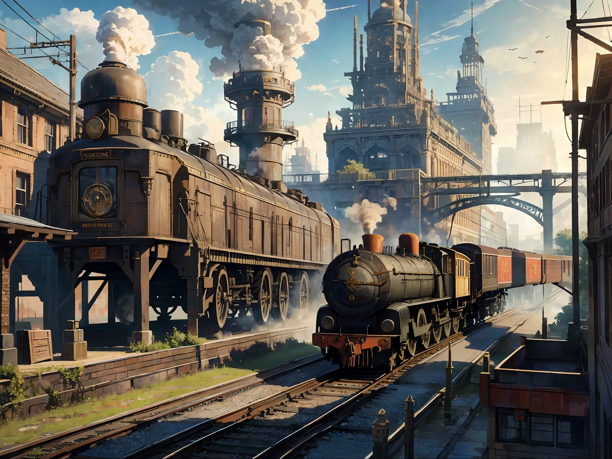 BREAK an image of a bustling steampunk city with a bridge and a train in the background. The city is alive with activity, with steam-powered vehicles and machinery moving through the streets. The buildings are made from a mix of brick, metal, and wood, with gears and pipes jutting out from the sides. BREAK 

The city is divided by a river, with a large, ornate bridge connecting the two sides. The bridge is made from metal and has intricate designs and patterns etched into it. Steam-powered boats and airships can be seen sailing and flying underneath the bridge. BREAK 

In the background, a steam-powered train is chugging along the tracks, billowing out steam and smoke. The train is ornately decorated, with brass and gold accents and intricate designs etched into its sides. BREAK 

The sky is filled with smoke and smog, adding to the industrial feel of the city. The scene is one of bustling energy and innovation, with the steampunk technology taking center stage.