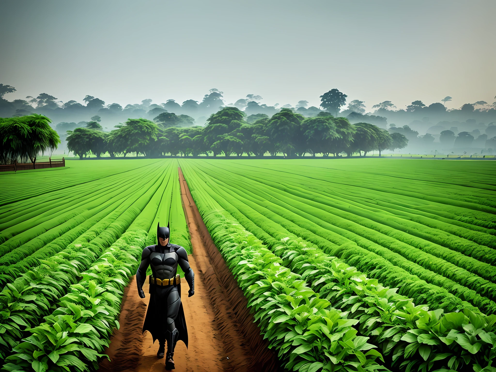 Batman doing farming in India, rainy day, rainy season, greenery around, hyperreality, realistic , Indian farm