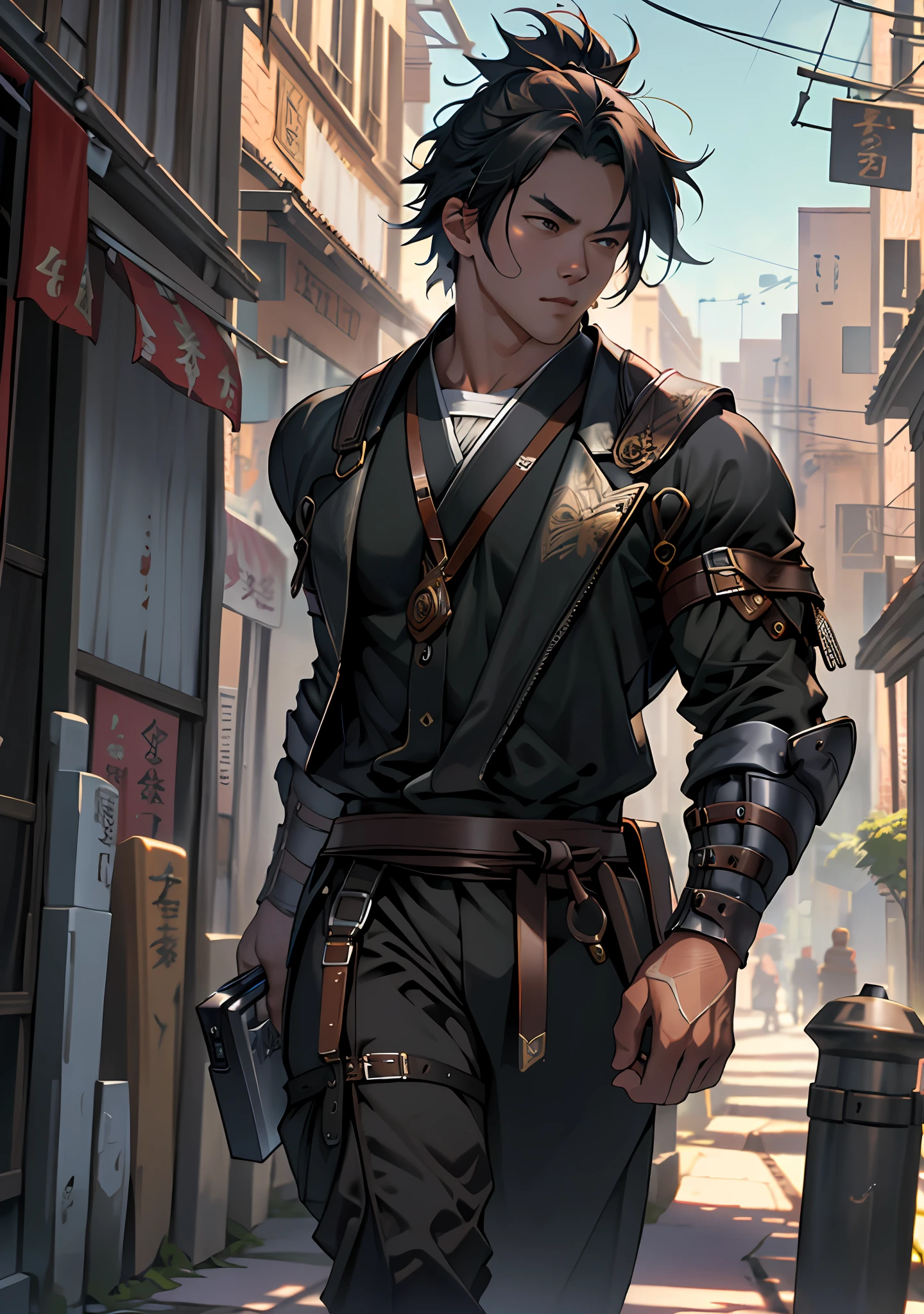 Ultra detail, high resolution, super detail, best quality, amazing, top quality, extremely detailed CG Unity 8k wallpaper, movie lighting, ancient swordsman, street