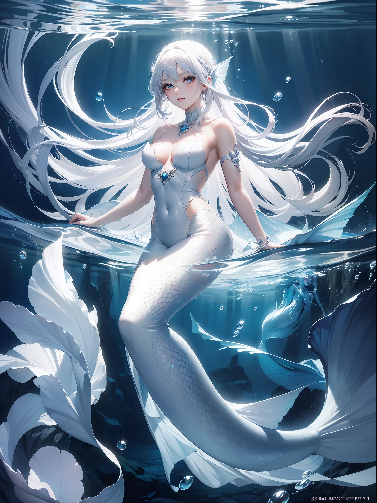 (Masterpiece, Top Quality, Best Quality, Official Art, Beauty and Aesthetics: 1.2), (Full Body, Medium) Mermaid, Dreamy, Ethereal, Romantic, White Hair, Silver Hair, Underwater, Air Bubbles, Vivid and Beautiful Lighting --v 6