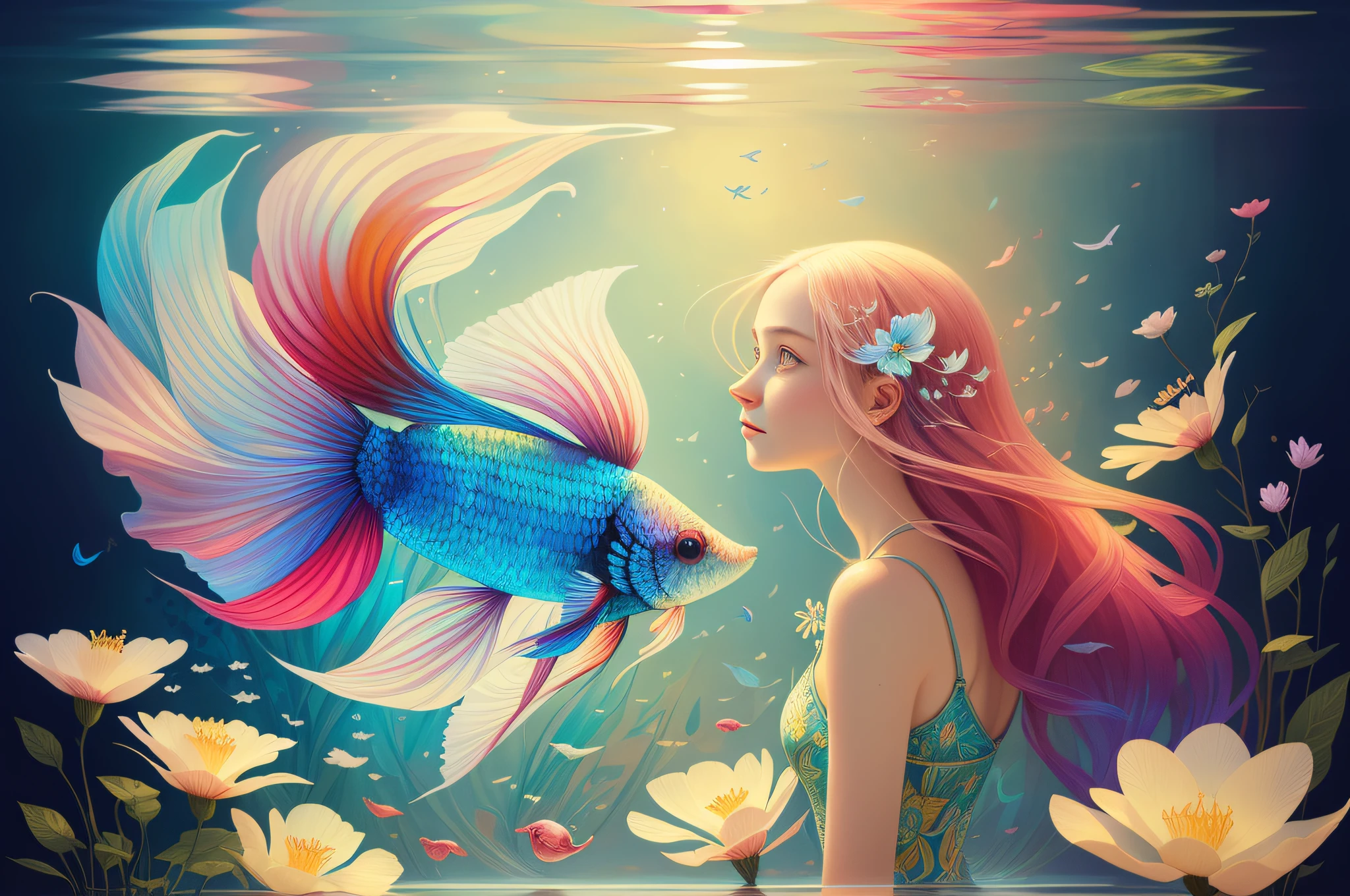 (Illustration:1.3) beautiful betta fish swimming with flowers (by Artist Anna Dittman:1), (((masterpiece))), (((best quality))), ((ultra-detailed)),(detailed light),((an extremely delicate and beautiful)),