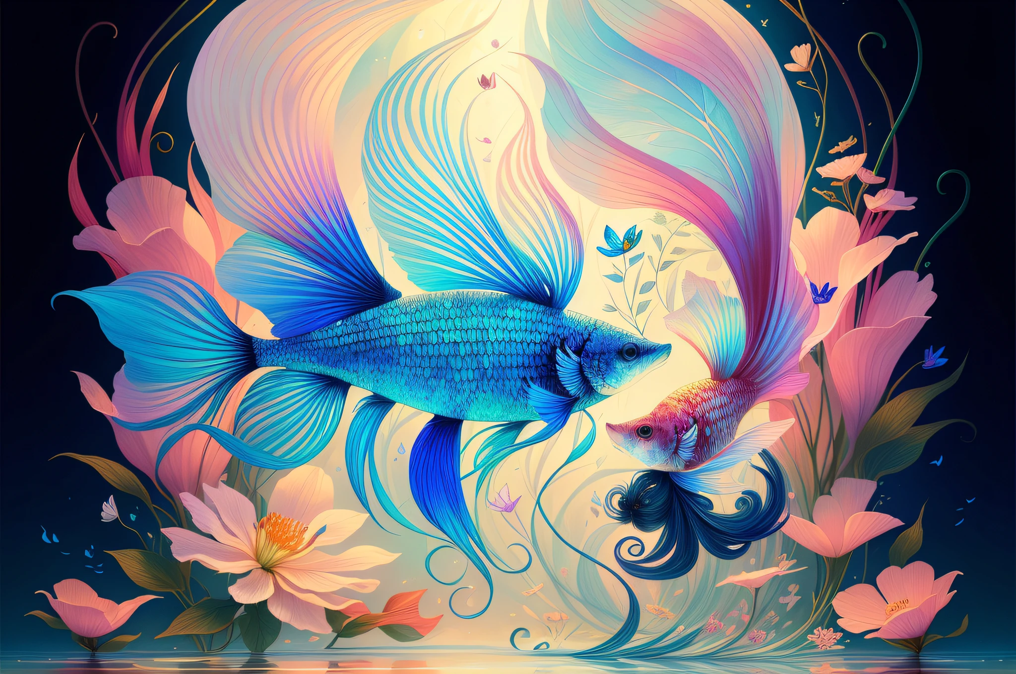 (Illustration:1.3) beautiful betta fish swimming with flowers (by Artist Anna Dittman:1), (((masterpiece))), (((best quality))), ((ultra-detailed)),(detailed light),((an extremely delicate and beautiful)),