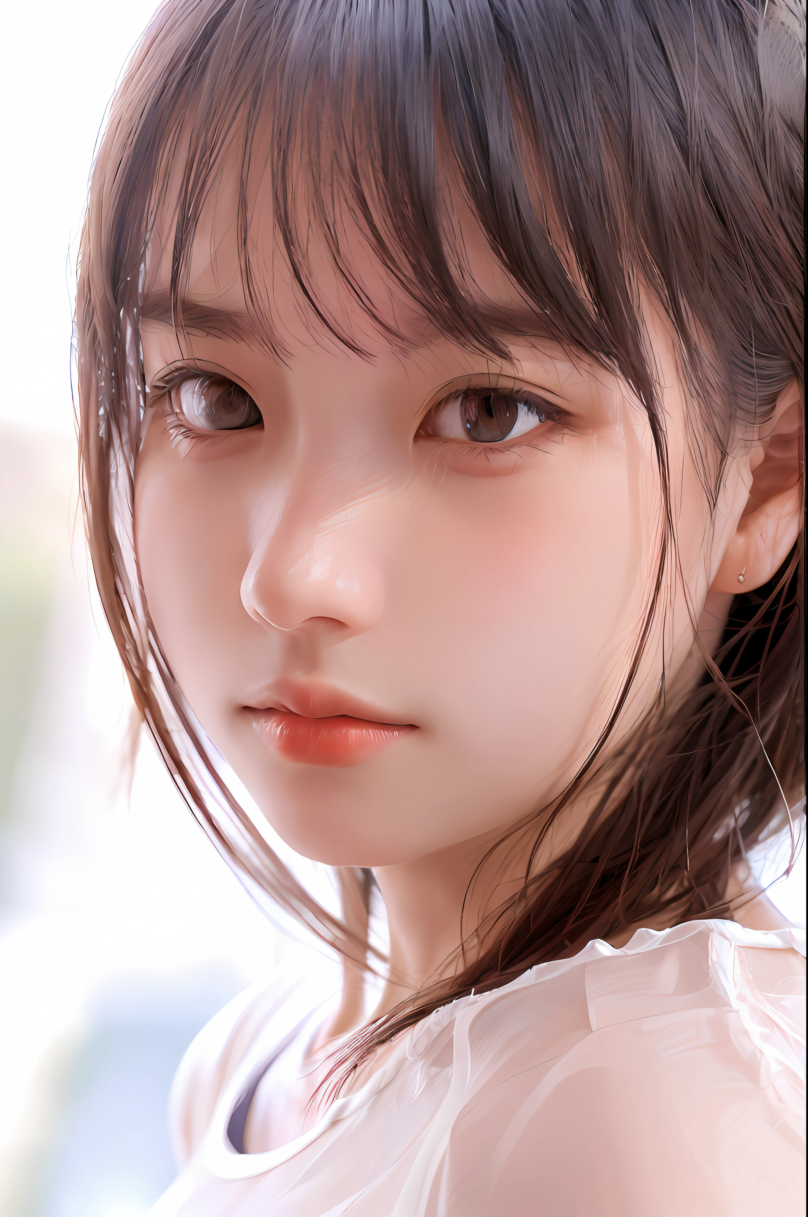 Dressed, (Photorealistic: 1.4), (Hyperrealistic: 1.4), (Realistic: 1.3), (Smooth Lighting: 1.05), (Cinematic Lighting Quality Improvement: 0.9), 32K, 1 Girl, 15 Year Old Girl, Realistic Lighting, Backlit, Face Lights, Ray Tracking, (Bright Light: 1.2), (Quality Improvement: 1.4), ( Top quality realistic texture skin: 1.4), fine detailed eyes, detailed face, fine quality eyes, (tired, sleepy and satisfied: 0.0), face close-up, t-shirt, (enhance body line atmosphere: 1.1), (enhance skin texture beauty: 1.1)