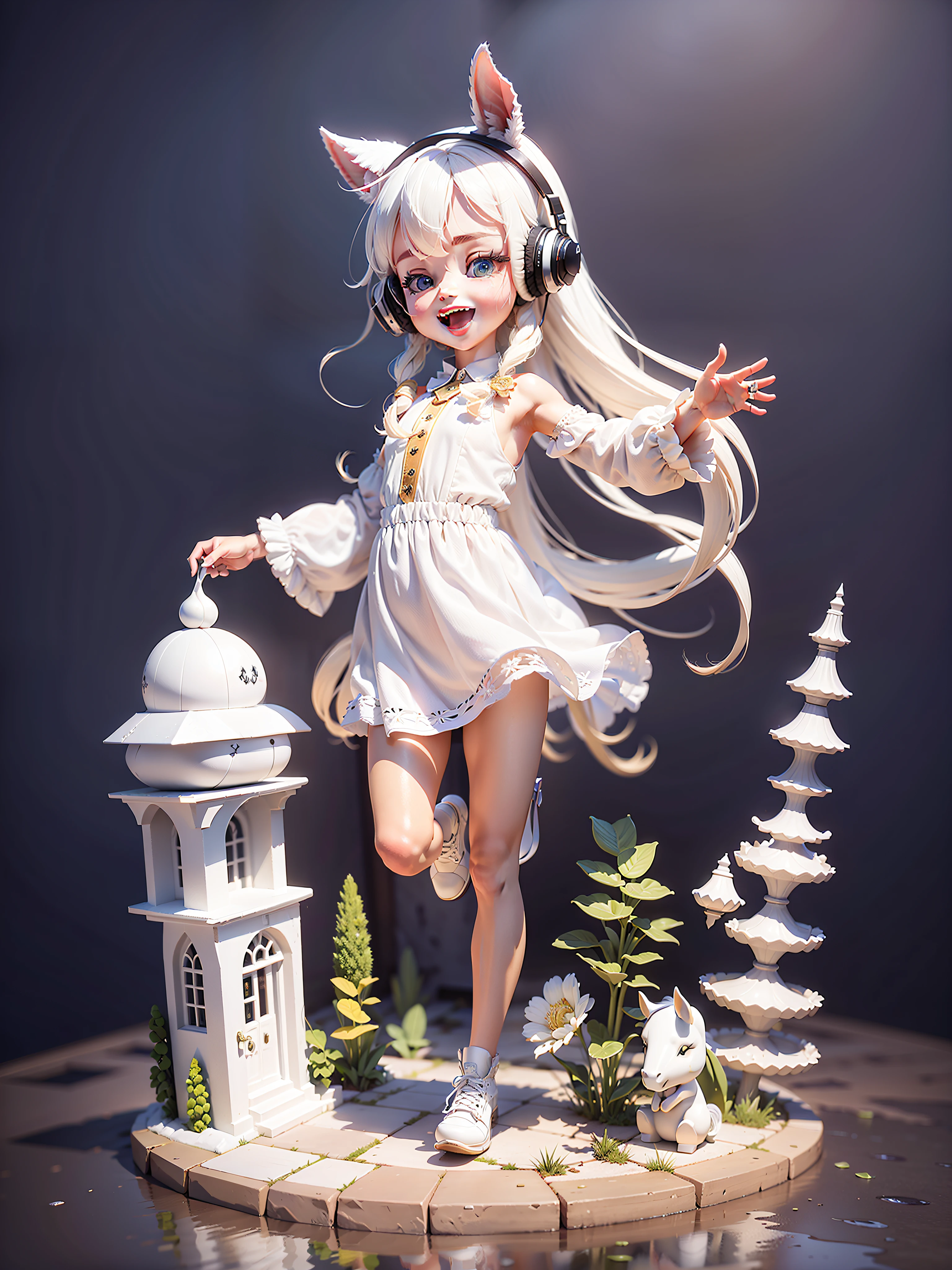 (Masterpiece), (Excellent), (Ultra Detailed), (Full Body: 1.2), (Solitary), White Theme, White Horse Magician, Delicate Horse Head Head, Cute, Open Mouth, Smile, Headphones, Popmart Blind Box, Clay Texture, Stepping on the Earth, Black and White Background, Natural Light, Best Quality, Ultra Detail, 3D Art, C4D, OC Renderer, 3D Rendering, 8K