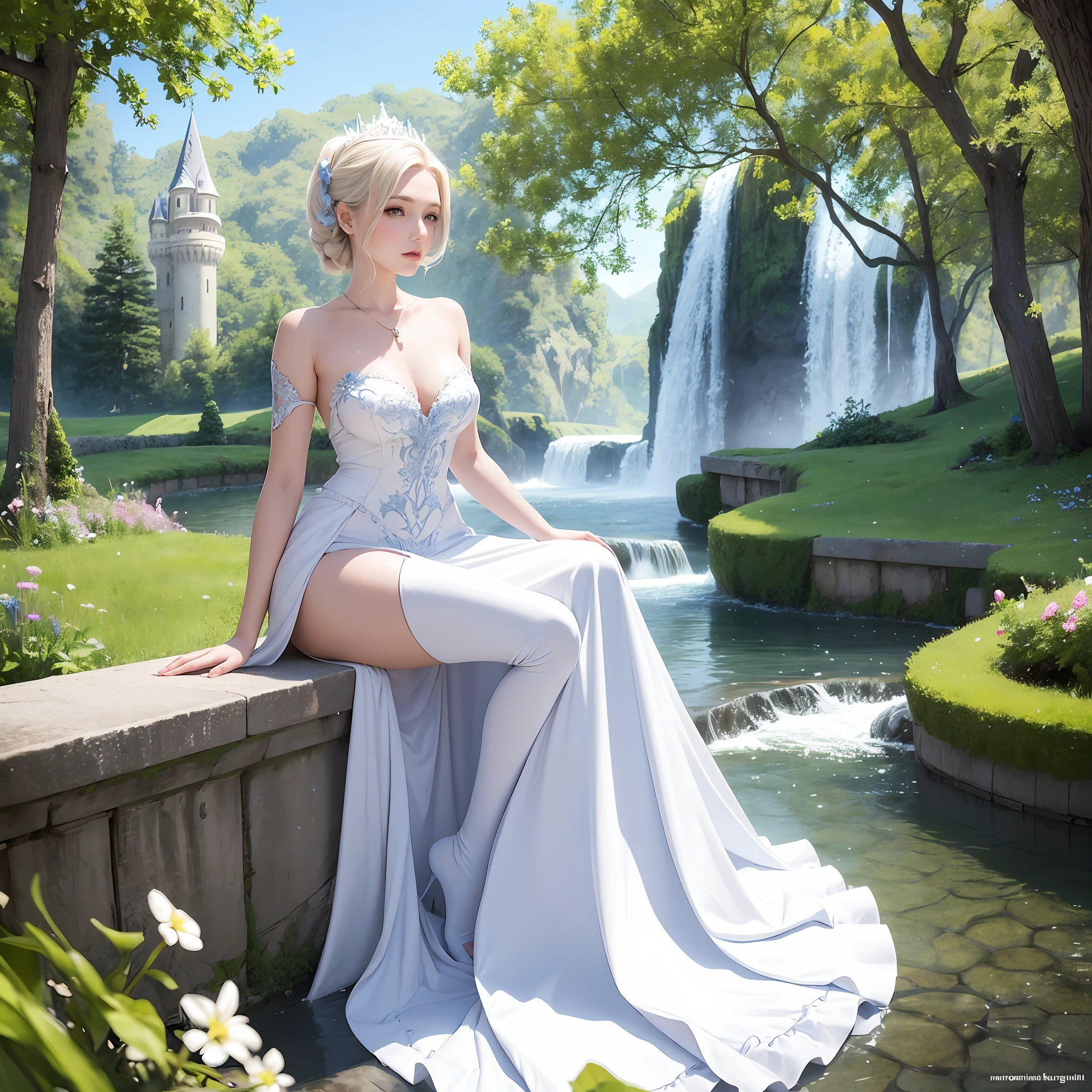 there is a woman in a white dress standing in front of a castle, like Alice in wonderland, fantasy fairytale story, beautiful render of a fairytale, beautiful fantasy maiden, fairytale artwork, beautiful fantasy art, romantic storybook fantasy, very beautiful fantasy art, realistic fantasy illustration, fantasy matte painting,cute, fantasy art behance, breathtaking fantasy art, fantasy beautiful, fantasy digital art, fantasy style art