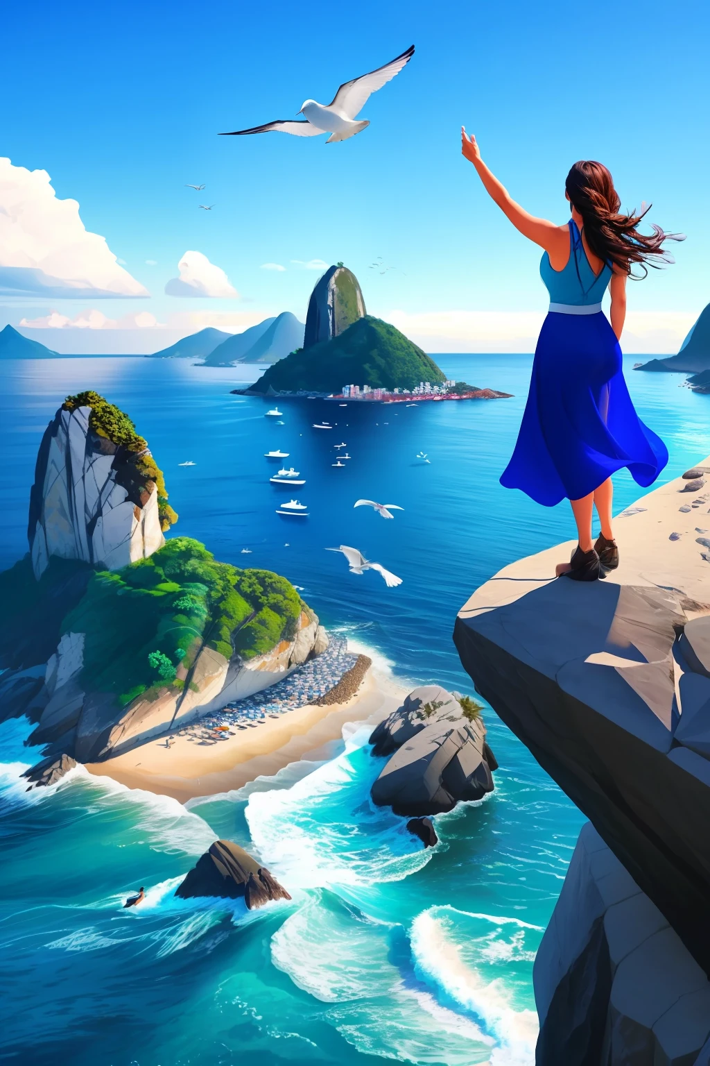 A woman with open arms on the rocks of the harpooner in Rio de Janeiro looking at the sea in the background with a very blue sea with a fantastic sky made by professional camera with birds flying ultra realistic well detailed masterpiece great quality 8 k