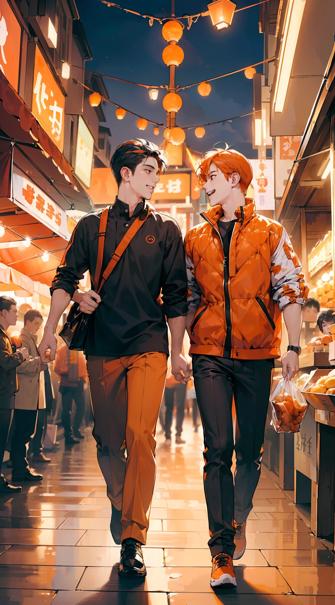 (((Ultra High Detail)))),((Ultra High Resolution))),(((Face Detail)))),((2 boys)),((Orange hair:1.2))),(((Black hair)))), Walking side by side, busts, one person handing food to another, laughing happily, night market, lively streets at night, festive atmosphere. --auto --s2