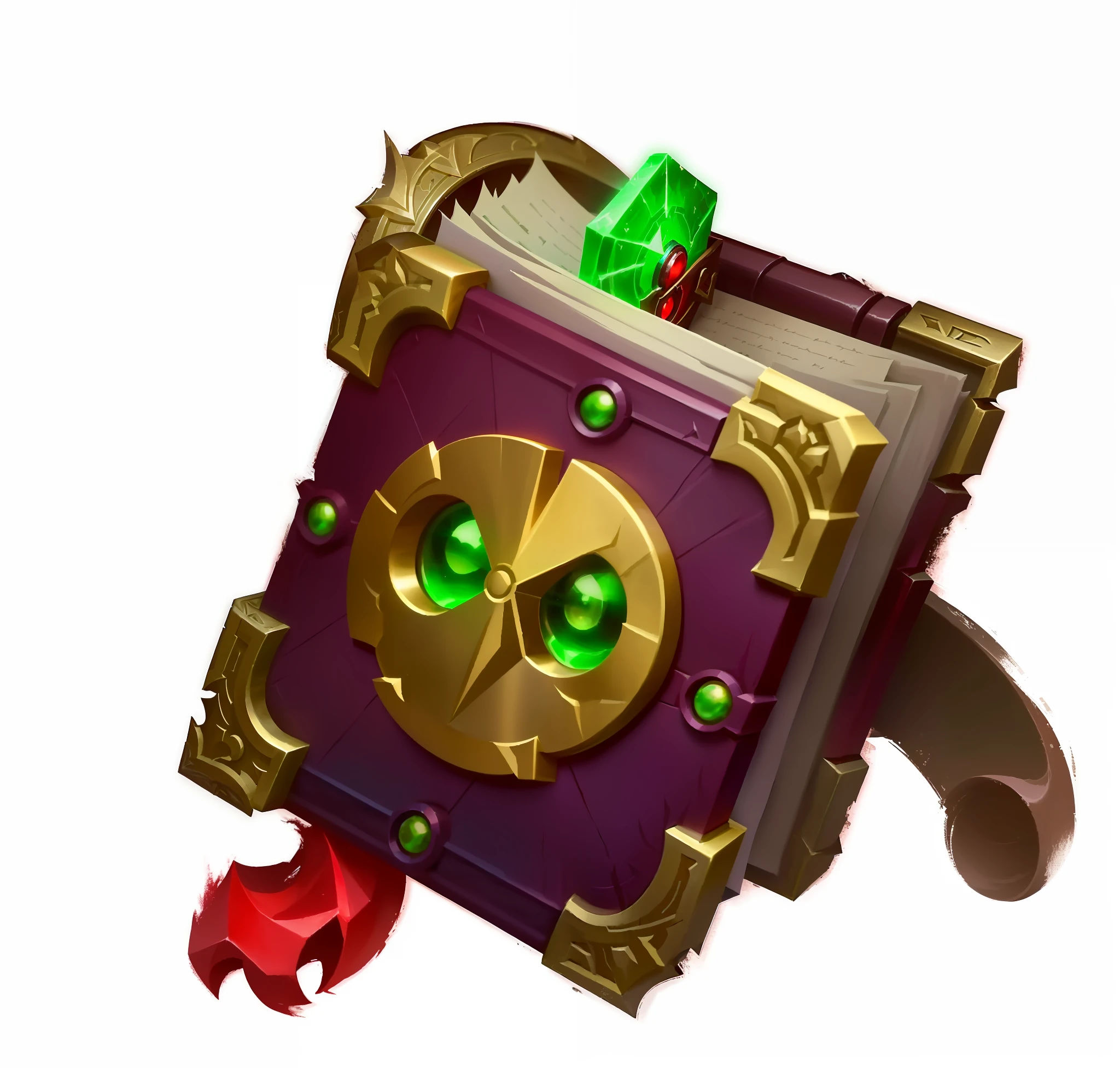 a close up of a book with a green eye and a red arrow, floating spellbook, spell book, hearthstone weapon art, grimoire, lost grimoire, league of legends inventory item, world of warcraft spell icon, magic book, holding spell book, tome, holding grimoire, item art, heavy jpeg artifact