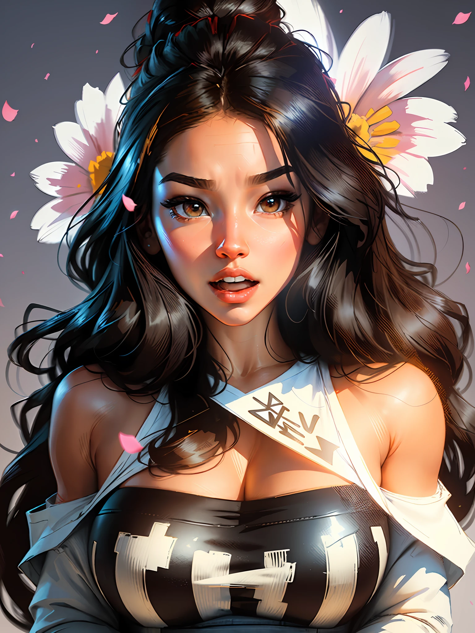 :: background, mixed-language_text, Japanese letters in graffit, Kelly Brook beautiful woman, long black hair, excellent lighting, sidelighting, perfect ultimate (flat color: 1.3), (magazine_cover: 1.4), (multicolored_background: 1.3), striped_background, card_background:: beautiful, perfect and detailed, ultra detailed, clothes with star wars designs, and colors of light pink, black, white and gray, with open mouth,  immersive effects, hover effect, graphite style background with vibrant colors "ultra hdr" detailed and with focus effect,with sneakers all star converse black (masterpiece: 1.2, best quality), (beautiful eyes finely detailed: 1.2),extremely detailed, depth of field,shot with Canon EOS,lens 135mm f1.8,portrait of [x]((1Girl Kelly Brook Beautiful Woman )),long hair, straight and black , with a natural glow and stuck like a ponytail ((Solo)), (Red eyes:1.4), (Finely detailed eyes and detailed face:1.3),), (With ULTRA DETAILED jeans and a white t-shirt with ultra detailed tatoom print throughout:1.3), (Beautiful and clear background:1.2), (CG extremely detailed, Ultra-detailed, Best Shadow:1.1),("" character demonstrating his super power in the fist"")((Depth of field and blur)),  ((Watercolor)), Large breasts, Bare shoulders, Flowers and petals, Beautiful conceptual illustration, (white background:0.5), (Illustration:1.1), (extremely thin and beautiful: 1.1), (perfect details: 1.1) graffiti style background, freedom, soul, digital illustration, perfect anatomy, centered,