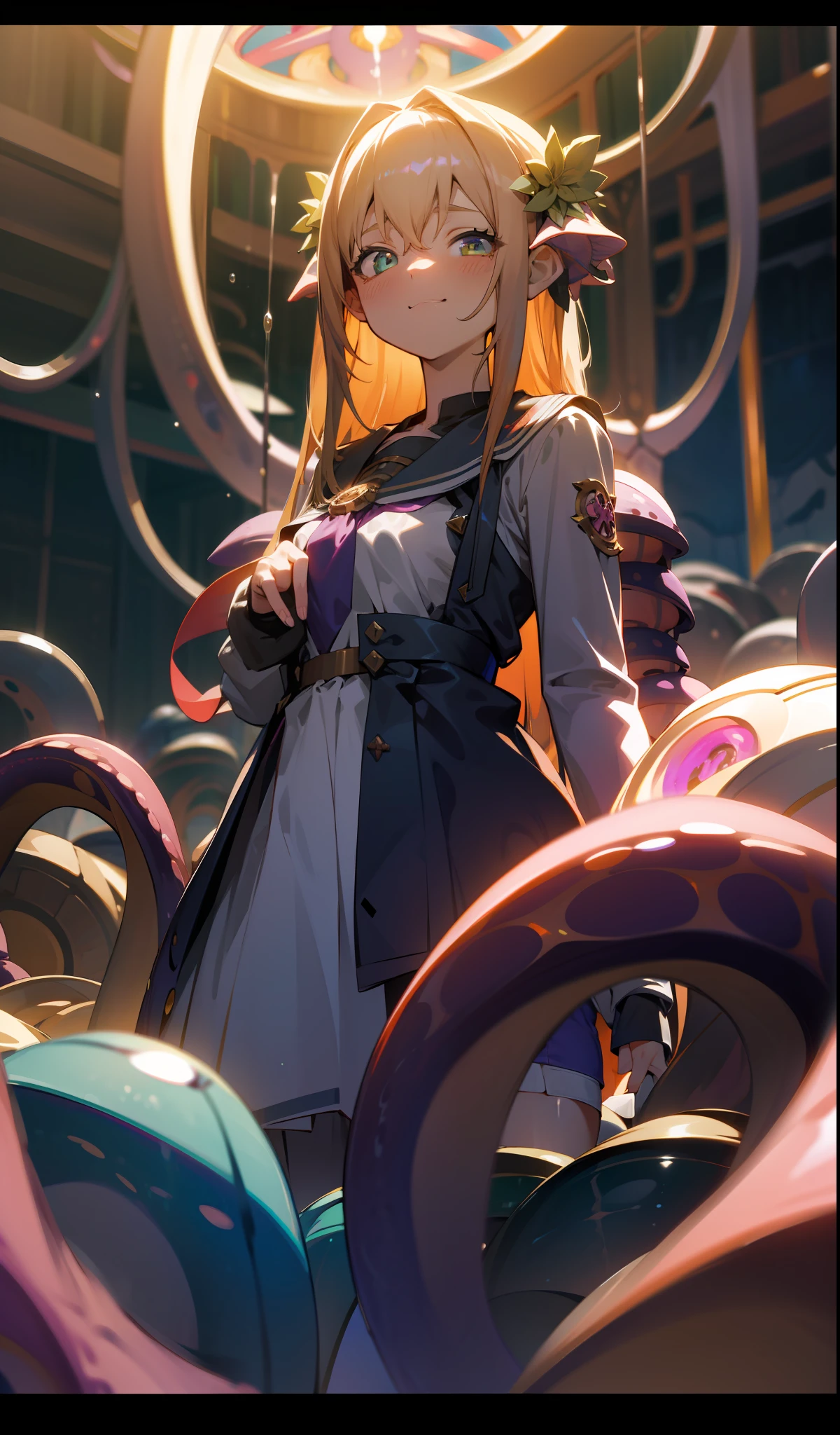 Masterpiece, high resolution, anime style beautiful girl, being in a dirty beaker, immersed in liquid, homunculus, magic circle, small room with phosphorescent flash, perfect beautiful girl, no clothes, luminous from within, staring at the viewer, laughter, blush, 3d rendering, perspective, amazing anime illustrations, impressive lighting, fantastic, dangerous, monstrous, countless tentacles entangled, milking,