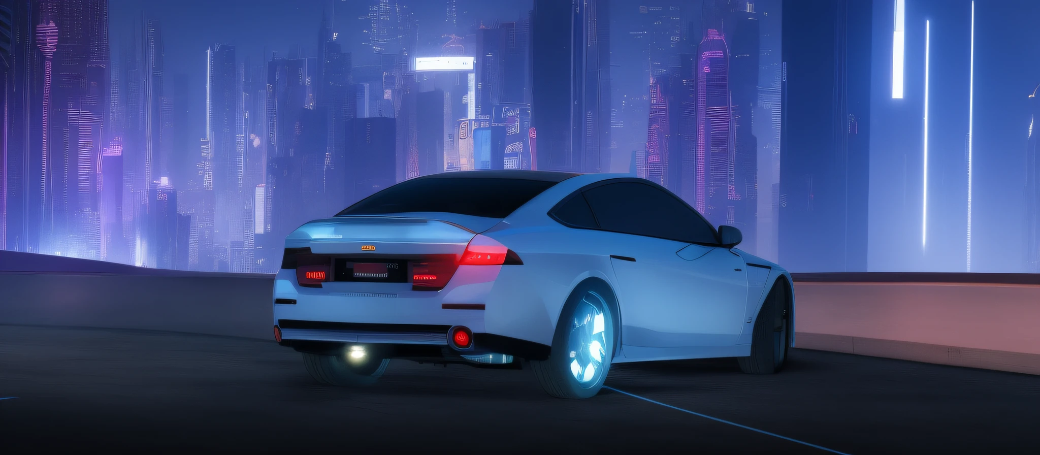 Cyberpunk is a futuristic cityscape with bright lights and moon background at night, metallic car paint