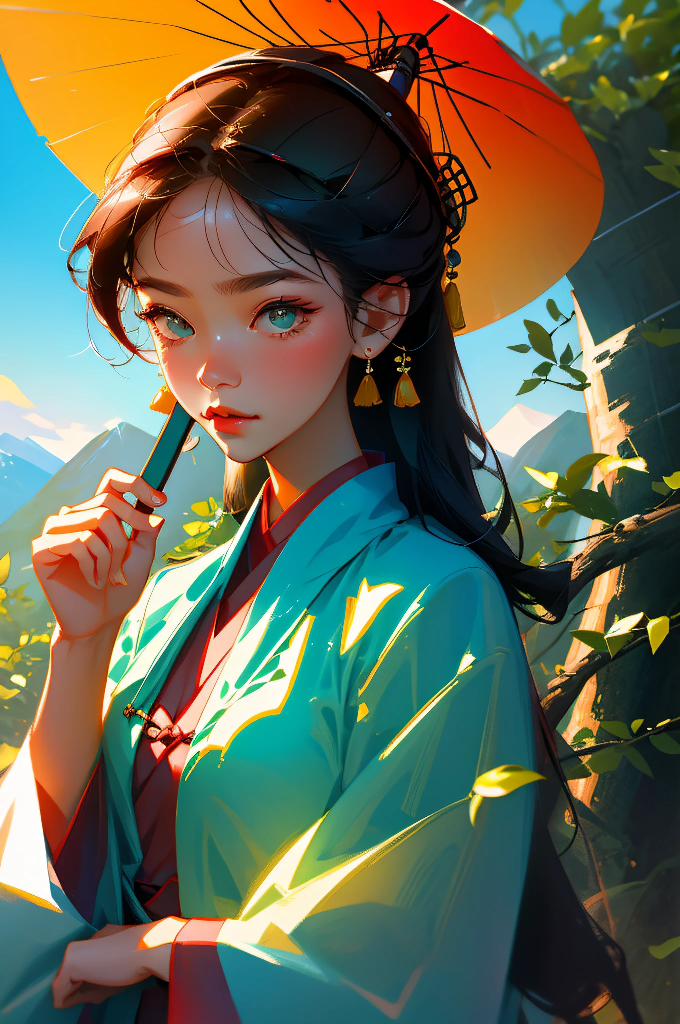 Perfect masterpiece, highest quality, perfect picture quality, 8K, upper body lens, (front portrait: 1.5), delicate face, close-up of face, wearing Chinese Hanfu, wielding a sharp sword in the bamboo forest, as if it can cut a mountain rock, the surrounding leaves are rotated, fighting posture, a very dynamic illustration, oil painting style, digital art, color illustration, minimalist style,
