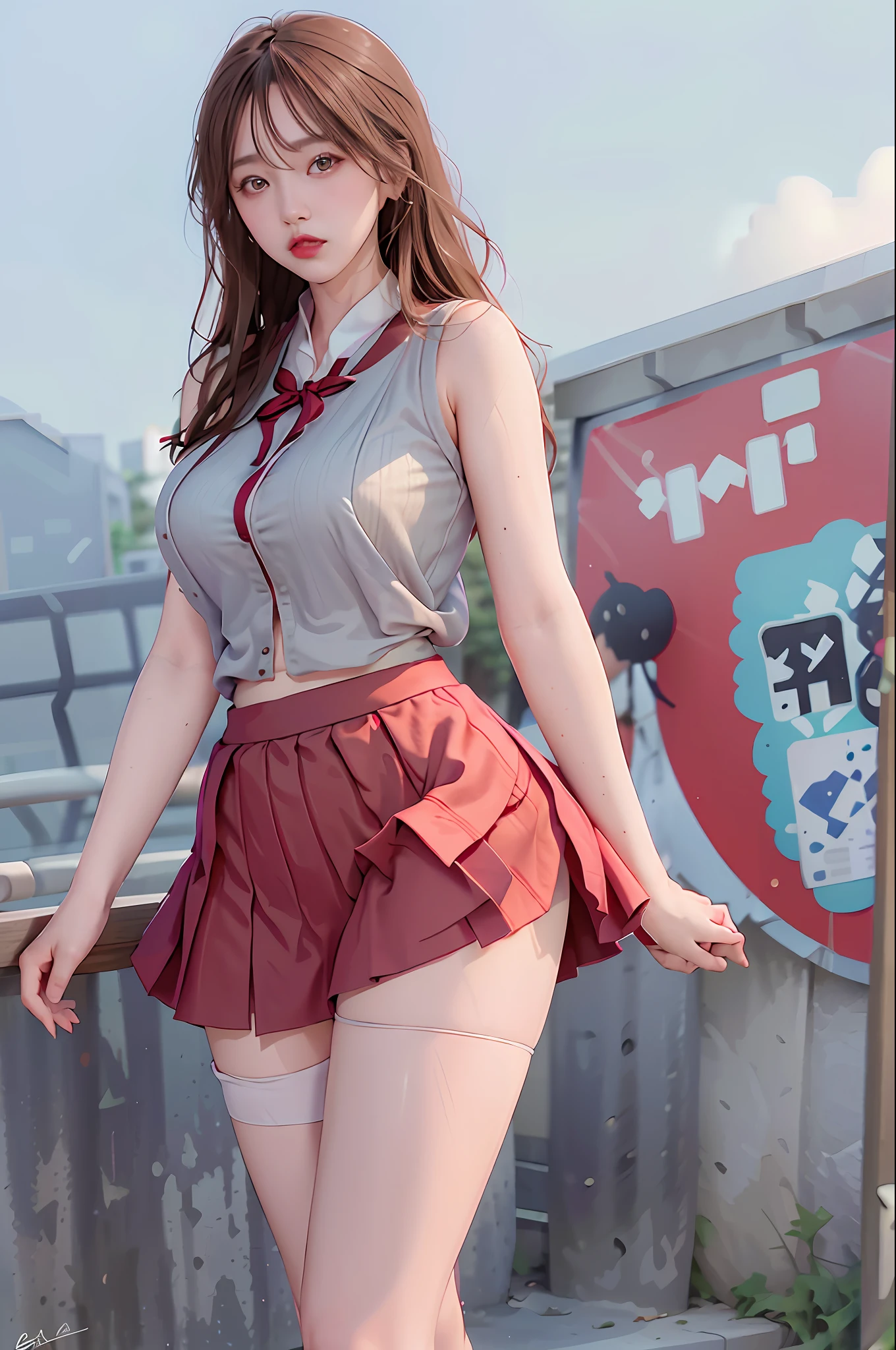 realistic, high resolution, 1 girl, , Korean, blue eyes, suspenders, vest, belly pocket, short skirt, shorts, stockings, fishnet socks, thick thighs, masterpiece: 1.2, best quality), realistic, (real pictures, rich detail details, depth of field), (1 girl, solo), makeup, high detail, perfect face shape, (: 1.4), (skin dents), thick thighs, wide hips, thin waist, high, coral, red lips, red eyes, shallow tulle, tulle transparent), sexy, blush, (shy expression), suspenders, tank top, short skirt, shorts, yoga pants, tight short skirt, tight shorts, pleated skirt, skirt, hip skirt,