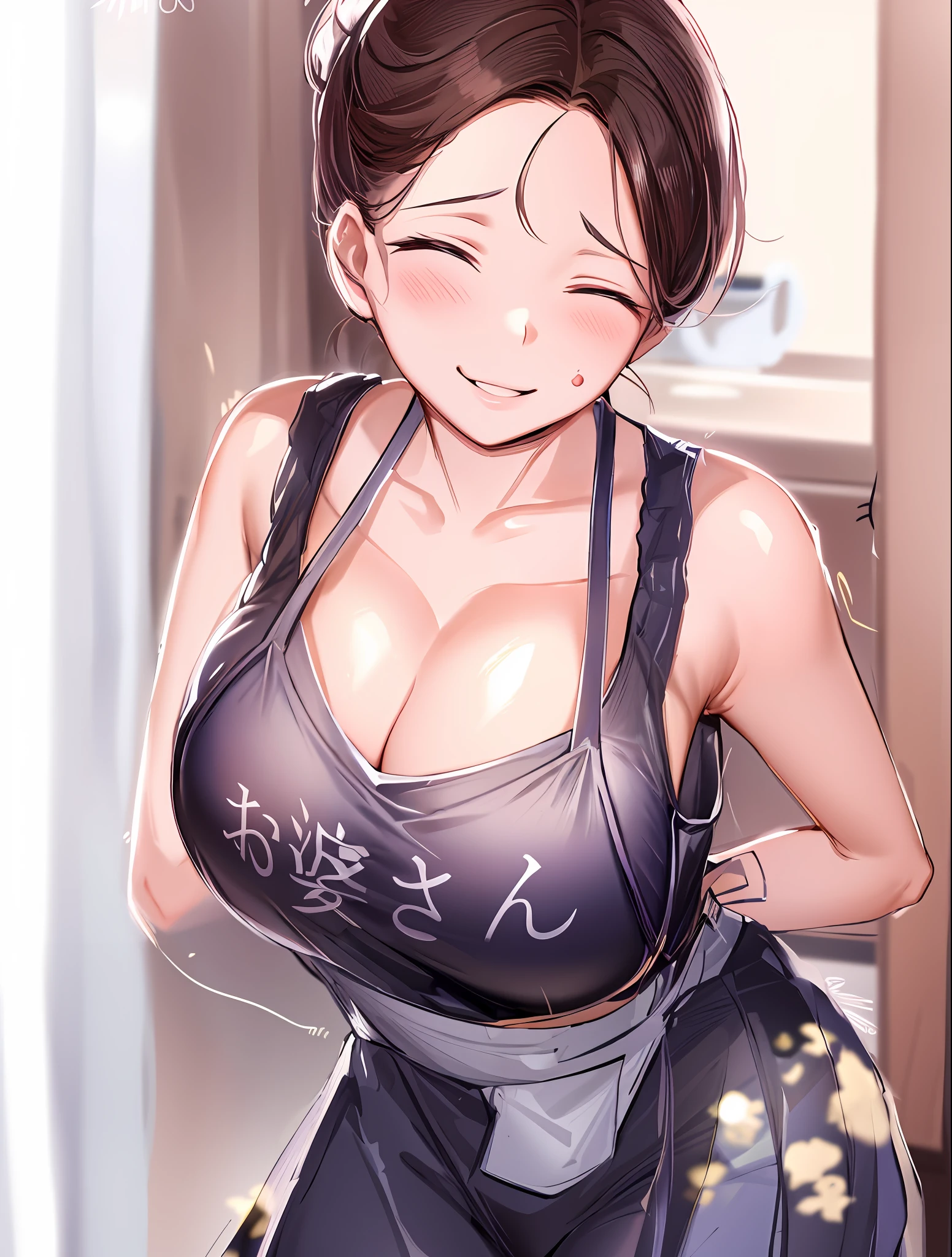 a drawing of a woman in a bra top and tight pants,skirt, apron, oppai, teasing smile, oppai proportions, chest, mature woman, curvy woman